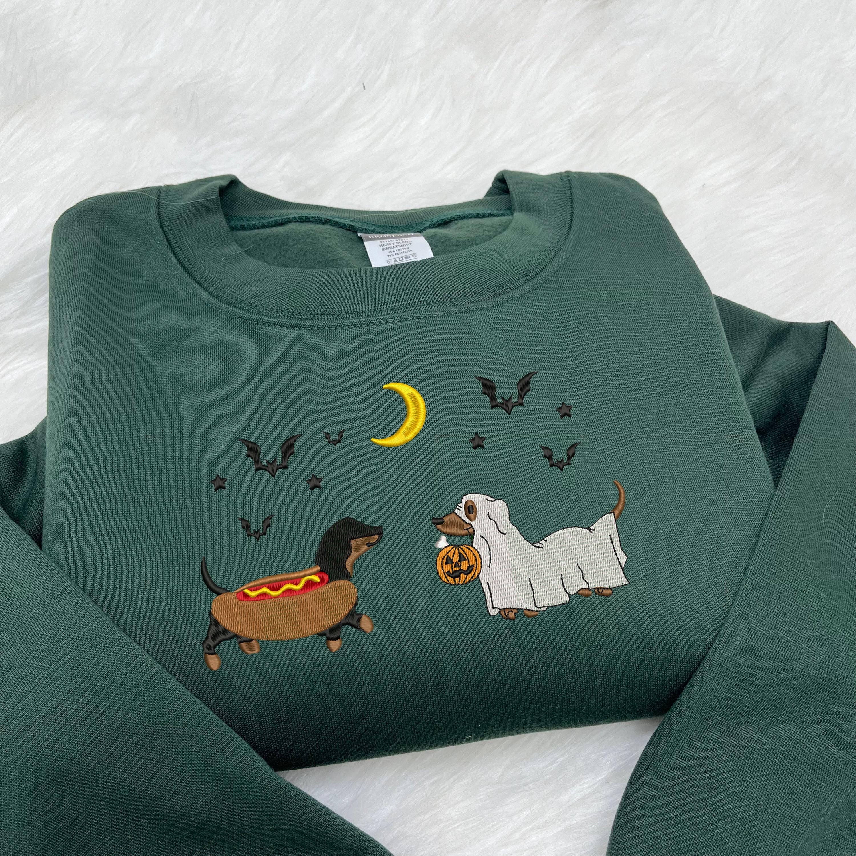 Dachshund Halloween Embroidered Sweatshirt, Spooky Season Pup Crewneck, Halloween Pet Sweatshirt, Halloween Party Cute Shirt For Dog Lovers EBAC29