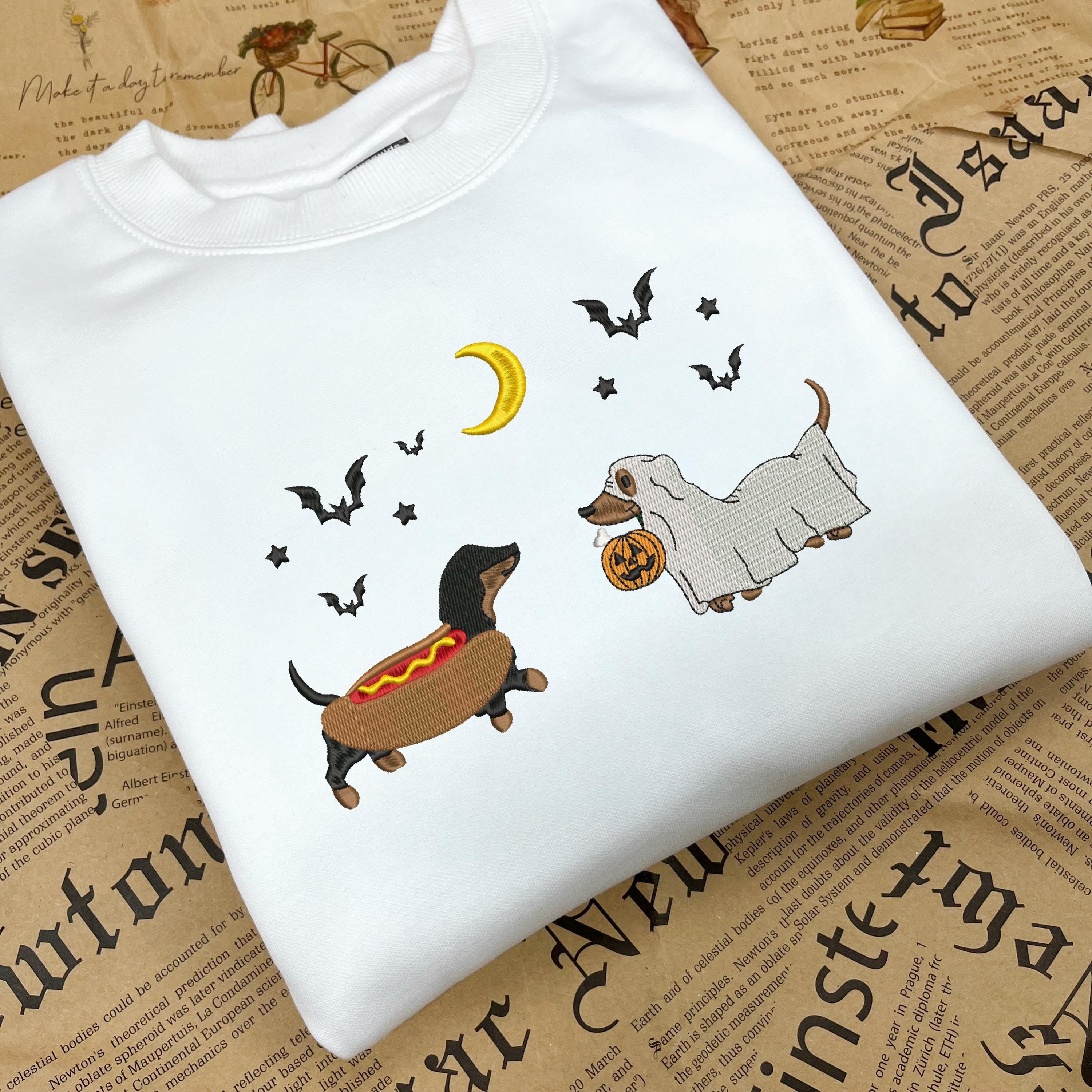 Dachshund Halloween Embroidered Sweatshirt, Spooky Season Pup Crewneck, Halloween Pet Sweatshirt, Halloween Party Cute Shirt For Dog Lovers EBAC29
