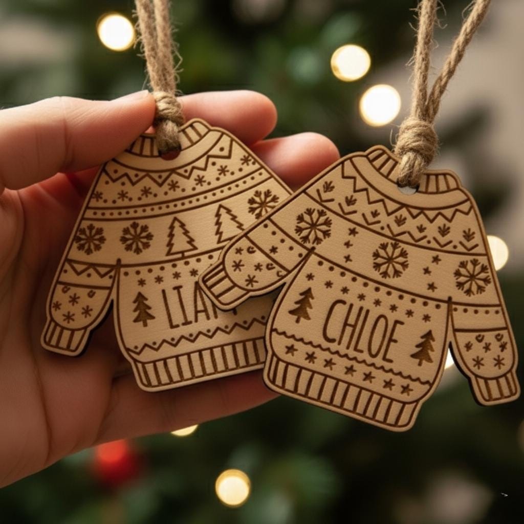 Personalized Wooden Sweater Ornament, Custom Name Christmas Decoration, Laser Engraved Holiday Keepsake Gift