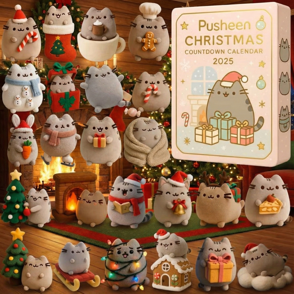 Pusheen Christmas Countdown Calendar 2025, 24 Cute Plush Mini Figures, Kawaii Cat Holiday Advent Gift Box