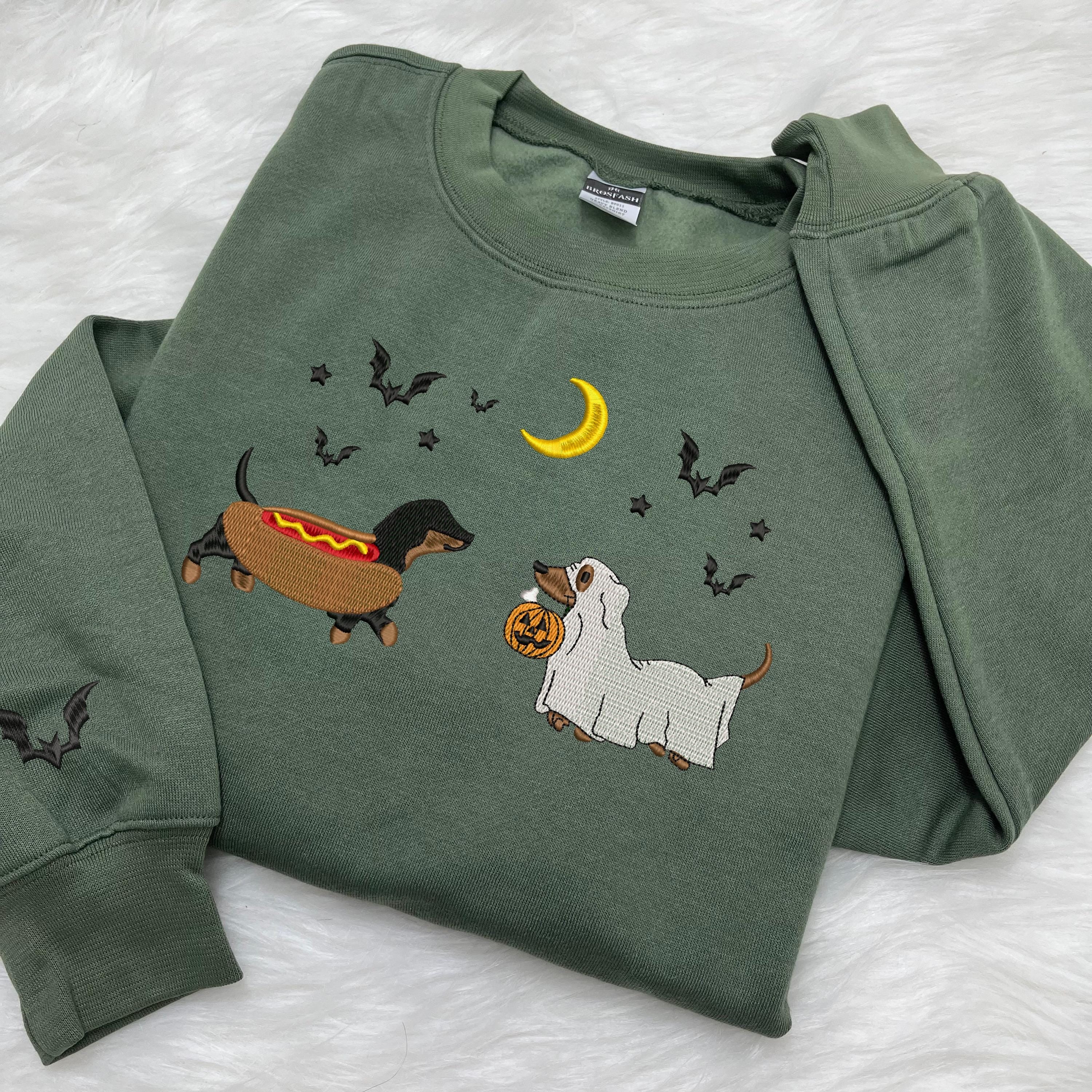 Dachshund Halloween Embroidered Sweatshirt, Spooky Season Pup Crewneck, Halloween Pet Sweatshirt, Halloween Party Cute Shirt For Dog Lovers EBAC29