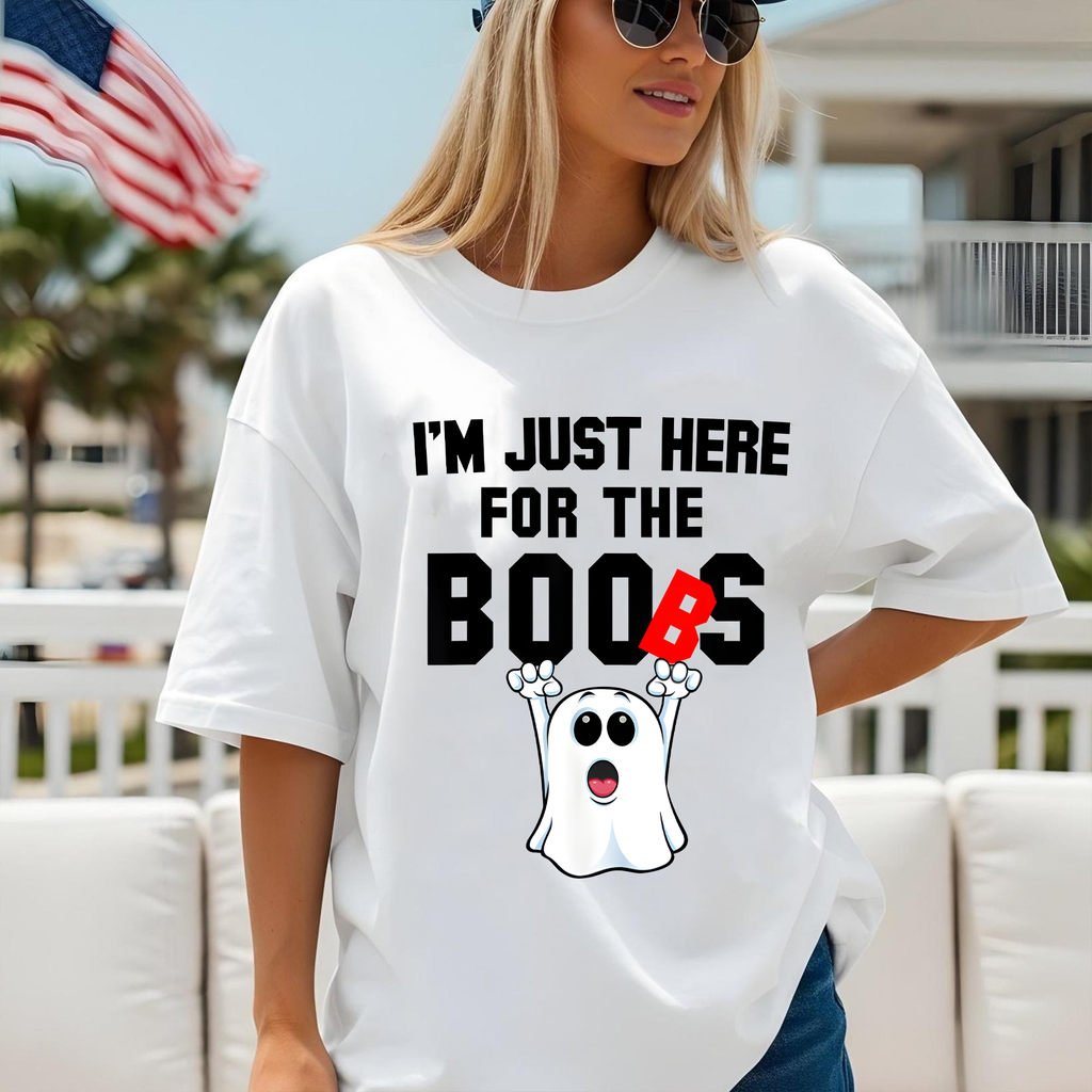 Funny Halloween Ghost Shirt, I'm Just Here for the Boos, Cute Spooky Tee, Pun Shirt for Women & Men, Boo Ghost Graphic T-Shirt