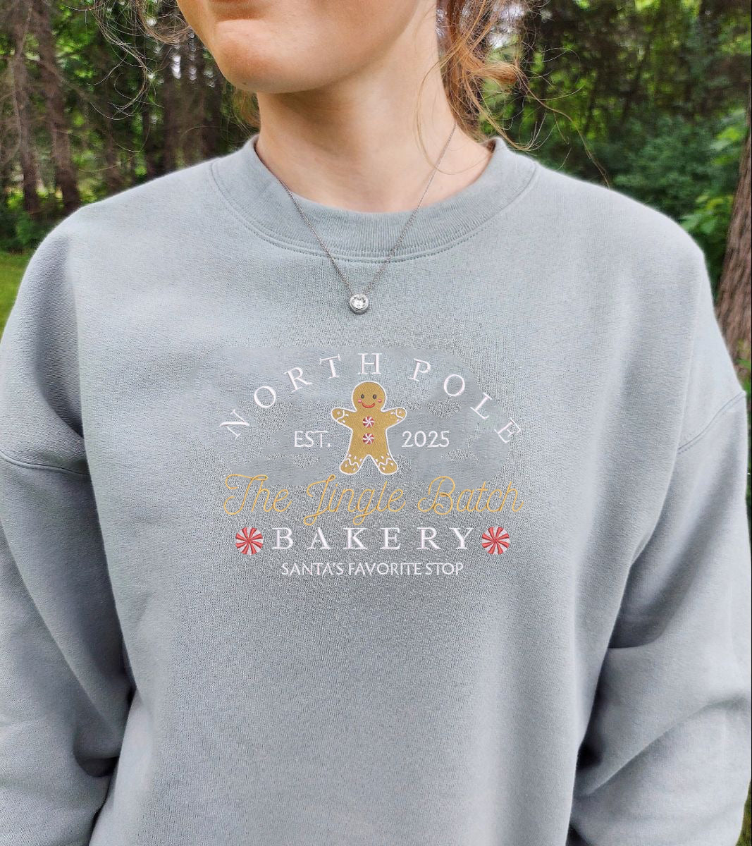 North Pole Gingerbread Bakery Embroidered Sweatshirt, Christmas Crewneck, Cozy Holiday Sweater, Cute Gingerbread Shirt Gift EBAC83