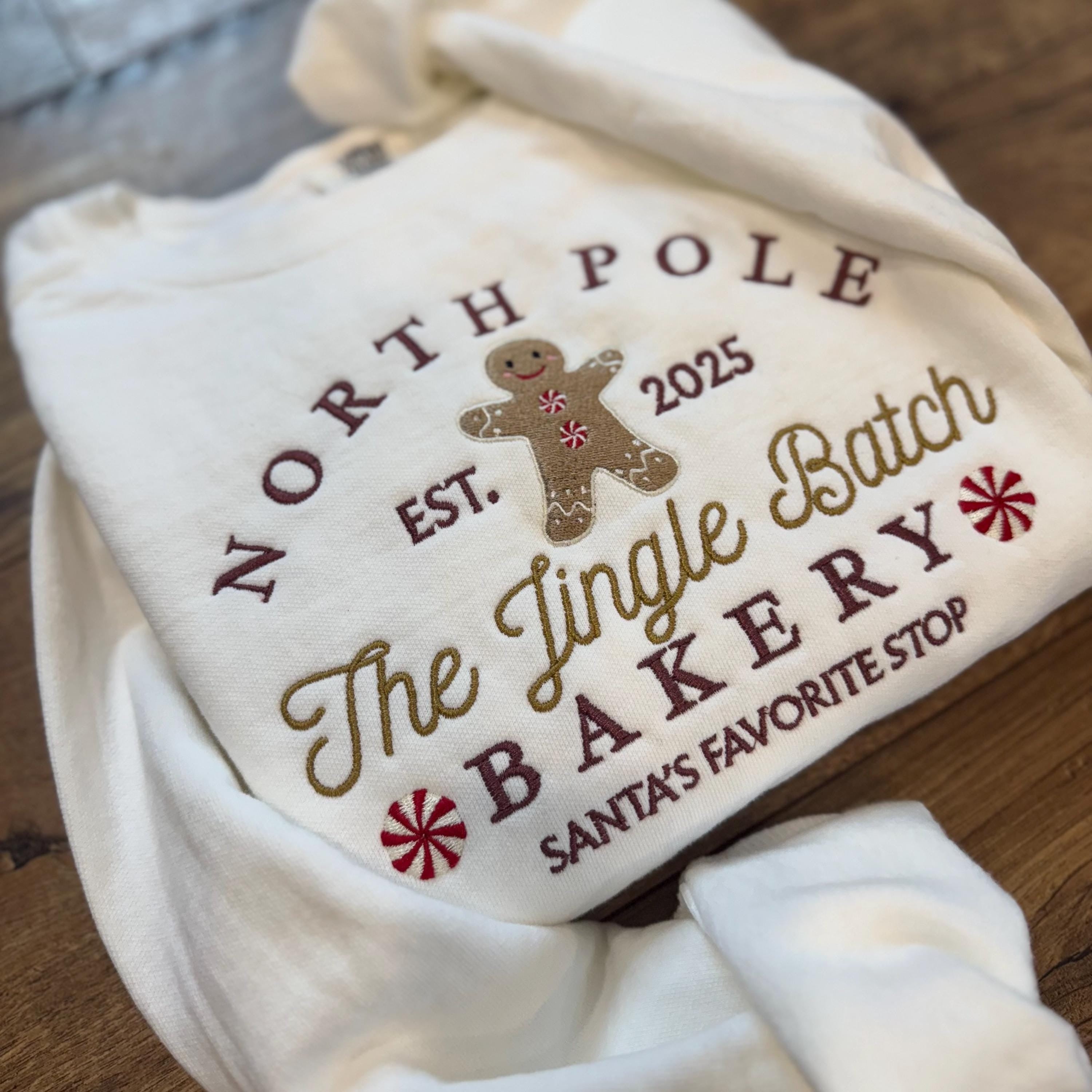 North Pole Gingerbread Bakery Embroidered Sweatshirt, Christmas Crewneck, Cozy Holiday Sweater, Cute Gingerbread Shirt Gift EBAC83