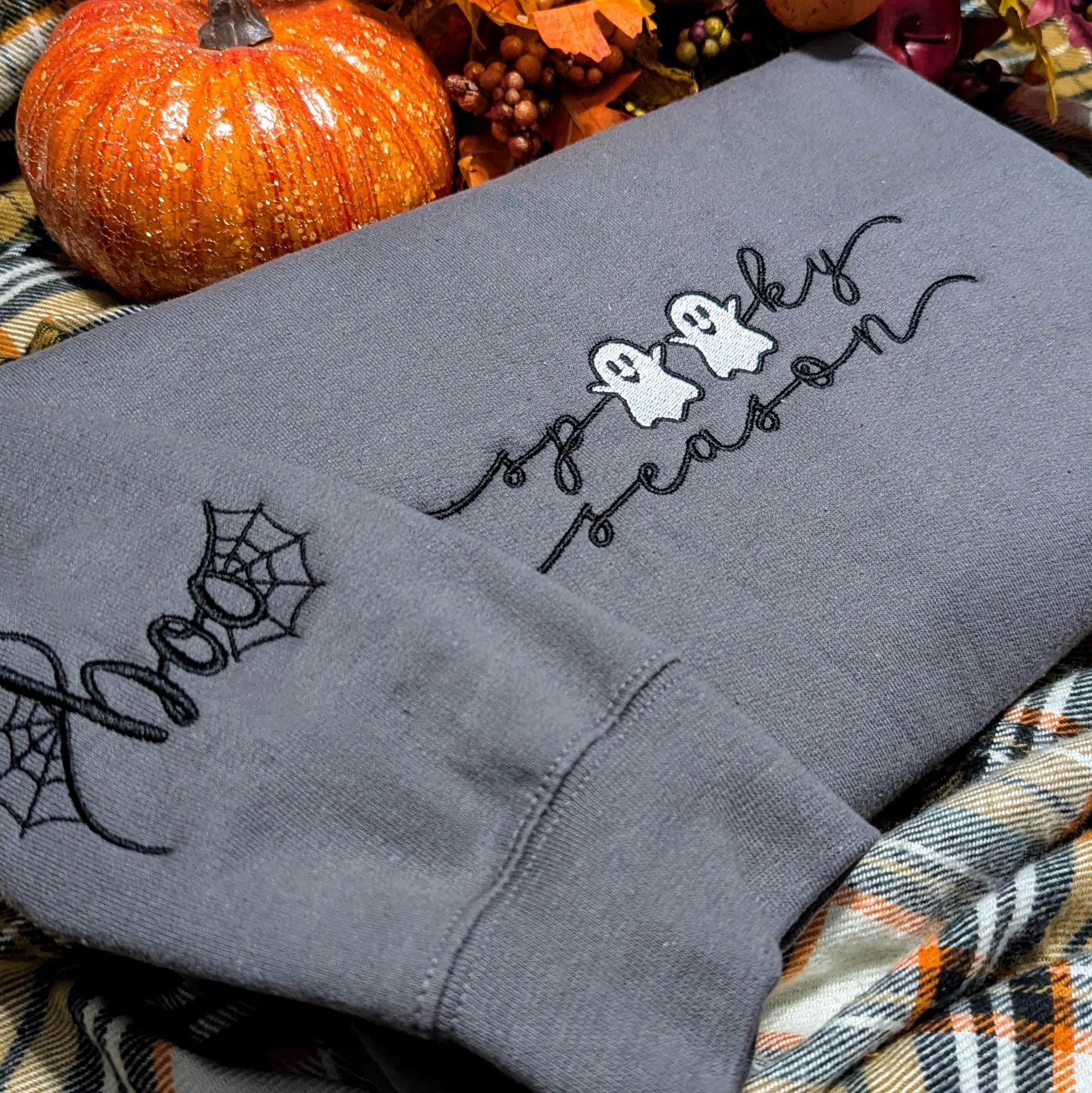 Embroidered Spooky Season Sweatshirt, Embroidered Spooky Season Crewneck, Halloween Embroidered Sweatshirt, Embroidered Ghost Sweatshirt EBAC31