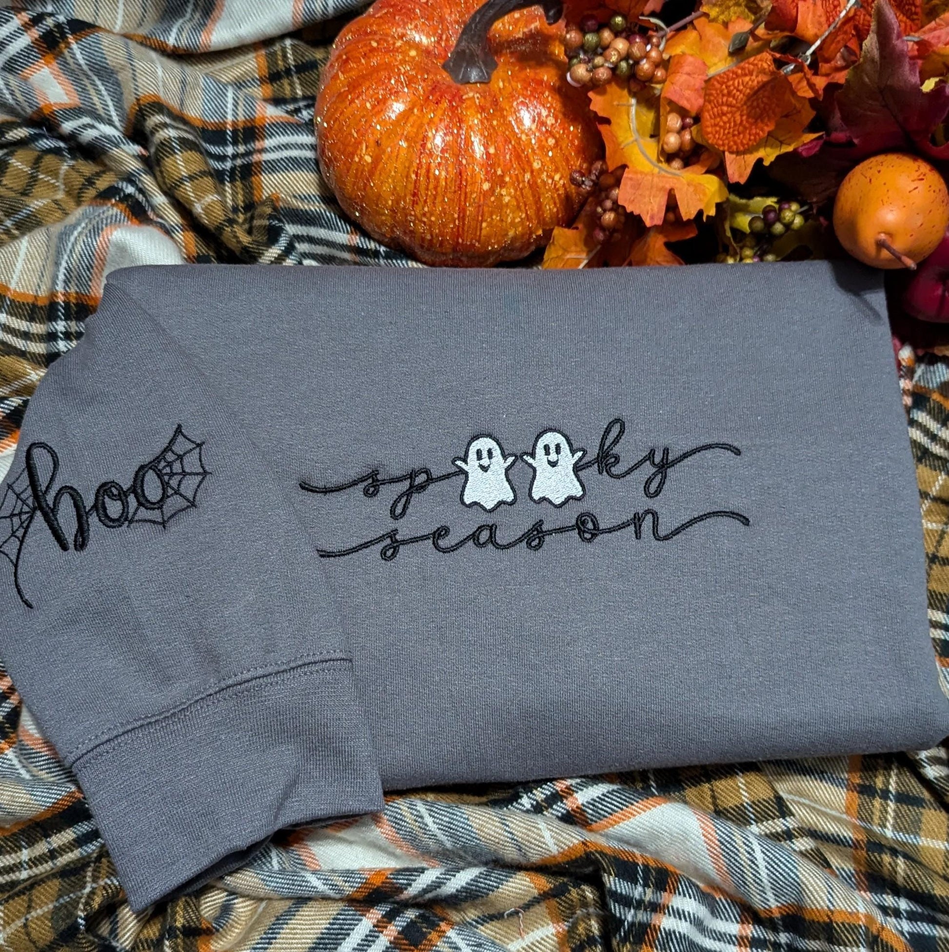 Embroidered Spooky Season Sweatshirt, Embroidered Spooky Season Crewneck, Halloween Embroidered Sweatshirt, Embroidered Ghost Sweatshirt EBAC31