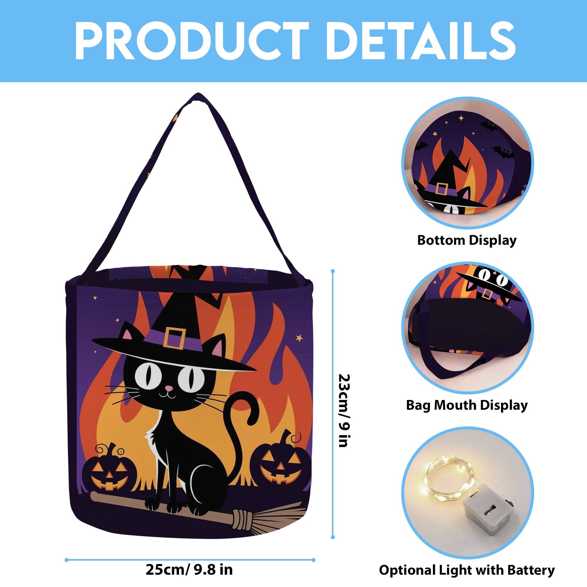 Personalized Halloween Candy Basket for Kids, Custom Name Trick or Treat Bag with Black Cat Witch Design, Custom Gift For Kids