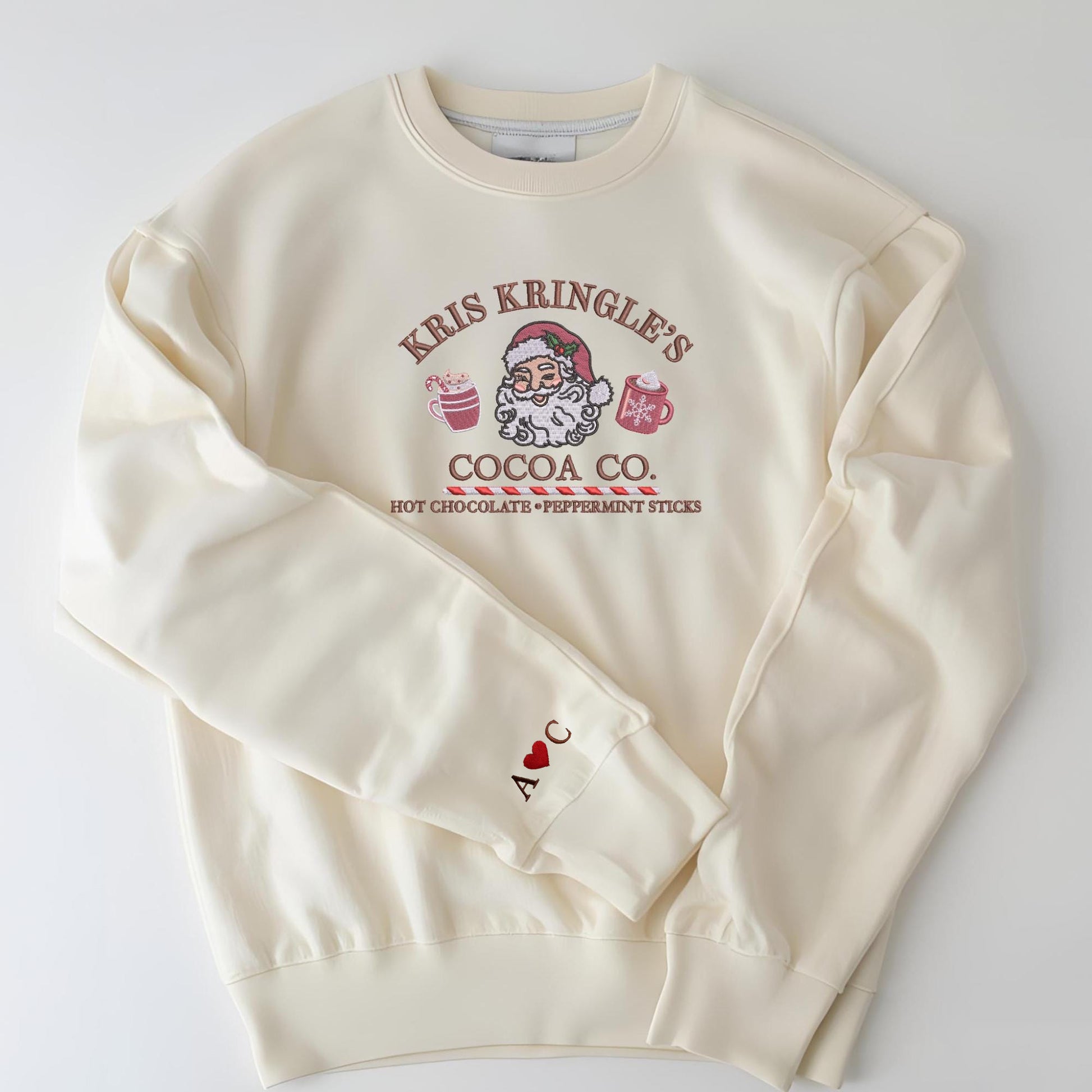 Kris Kringle Cocoa Co. Embroidered Sweatshirt, Vintage Christmas Sweater, Hot Cocoa Holiday Shirt, Cozy Winter Outfit Gift EBAC84