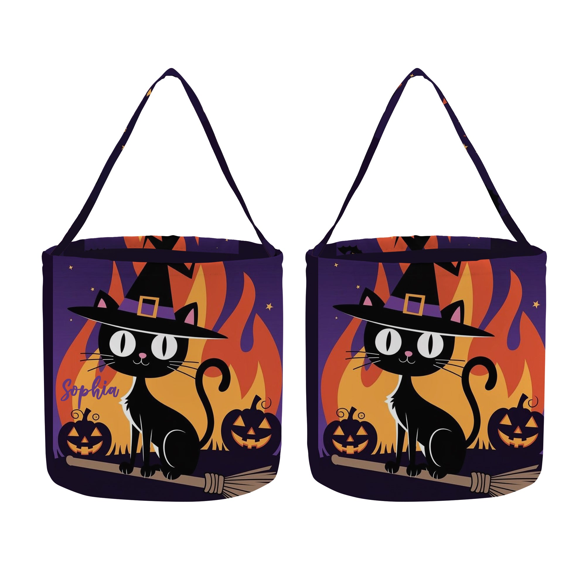 Personalized Halloween Candy Basket for Kids, Custom Name Trick or Treat Bag with Black Cat Witch Design, Custom Gift For Kids