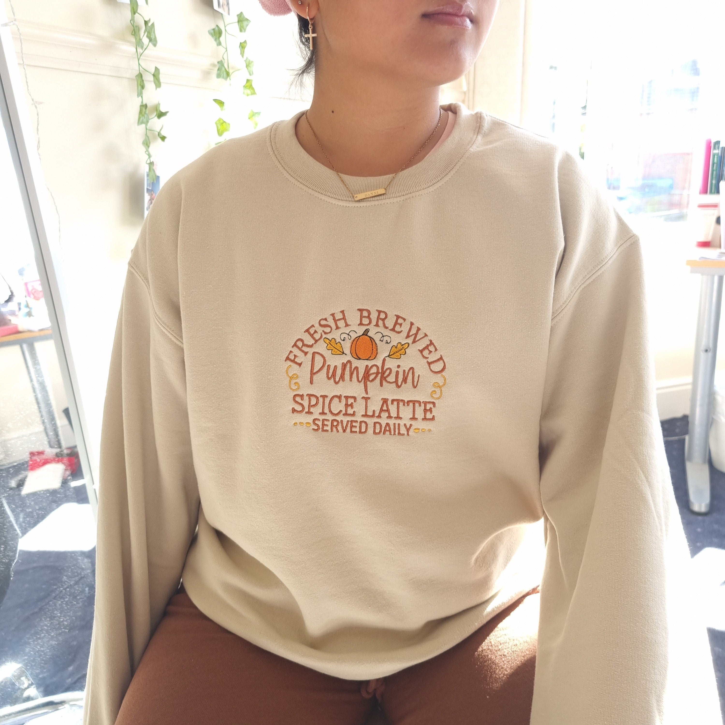 Embroidered  Halloween Sweatshirt, Pumpkin Spice Latte Sweatshirt, Coffee Lover Embroidered Jumper, Embroidered Fall Sweatshirt, Cozy Fall Crewneck EBAC34