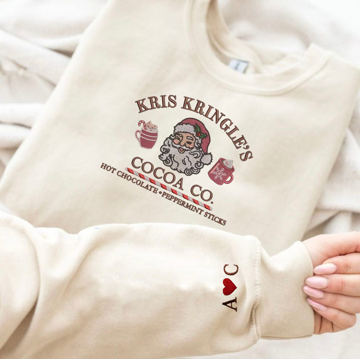 Kris Kringle Cocoa Co. Embroidered Sweatshirt, Vintage Christmas Sweater, Hot Cocoa Holiday Shirt, Cozy Winter Outfit Gift EBAC84