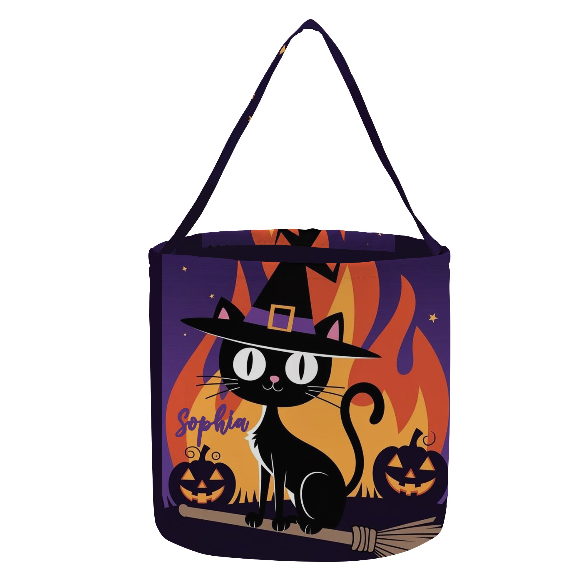 Personalized Halloween Candy Basket for Kids, Custom Name Trick or Treat Bag with Black Cat Witch Design, Custom Gift For Kids
