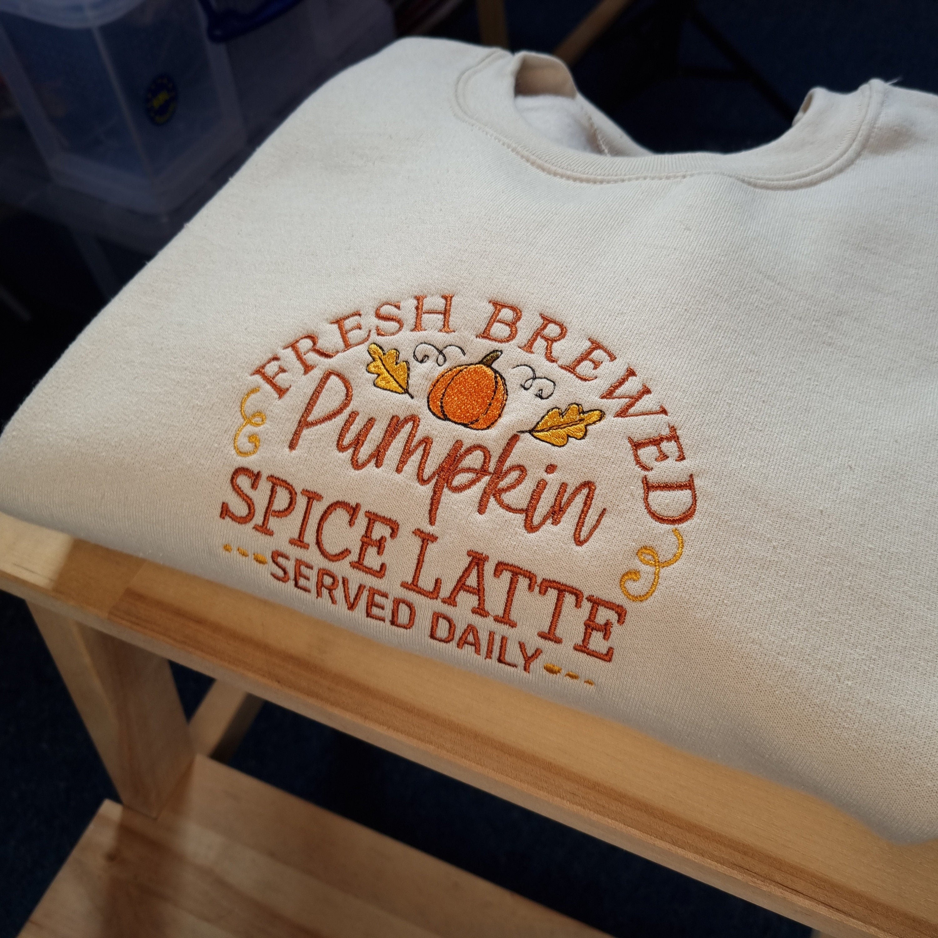 Embroidered  Halloween Sweatshirt, Pumpkin Spice Latte Sweatshirt, Coffee Lover Embroidered Jumper, Embroidered Fall Sweatshirt, Cozy Fall Crewneck EBAC34