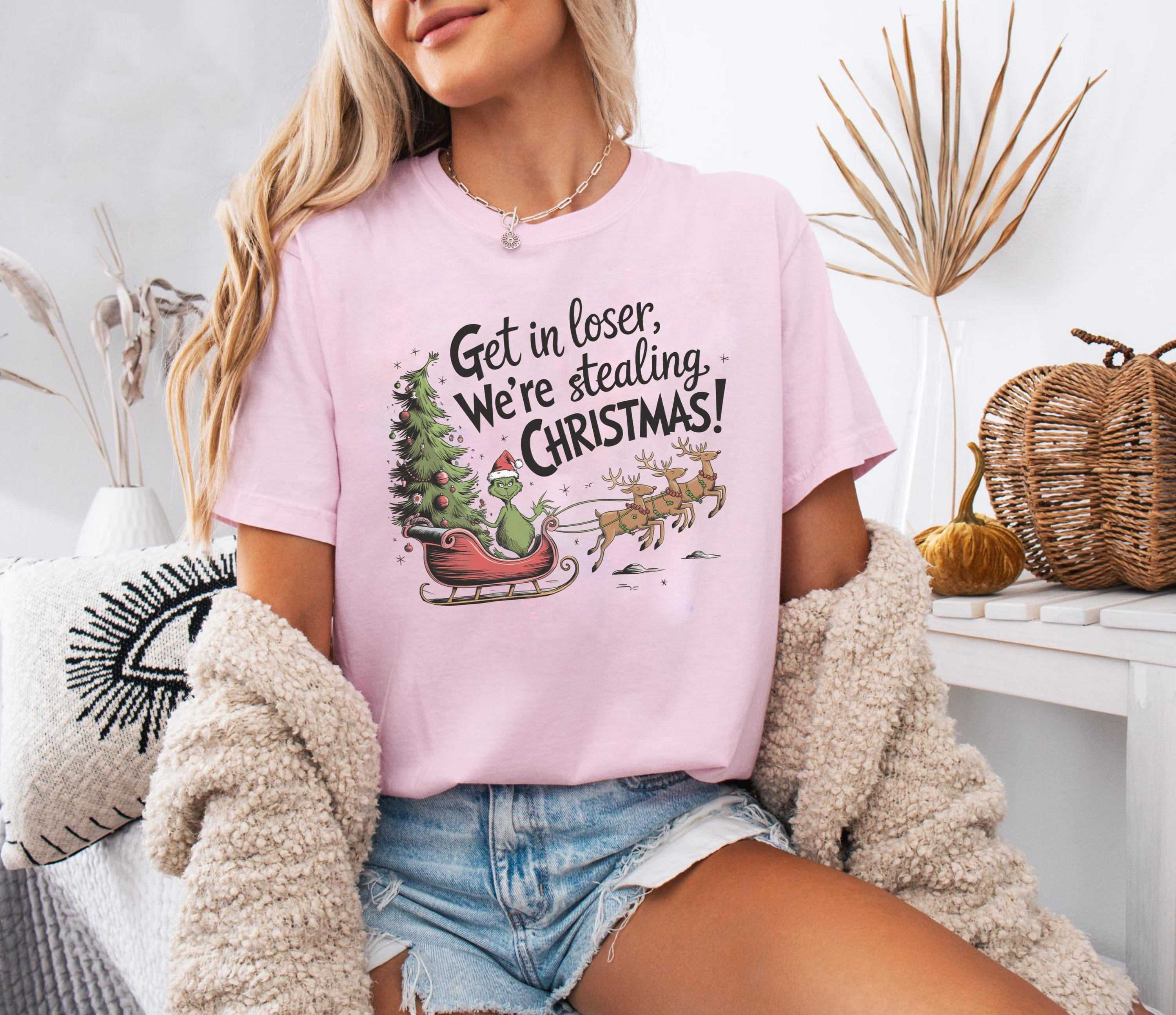 Grinch Christmas Shirt, Funny Holiday Tee, Get In Loser We’re Stealing Christmas, Retro Santa Sleigh Top, Festive Party Outfit Gift