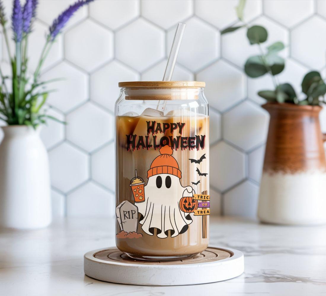 Personalized Halloween Ghost Iced Coffee Glass Mug, Cute Ghost Gift For Halloween Coffee Lovers, Custom Gifts For Him and Her