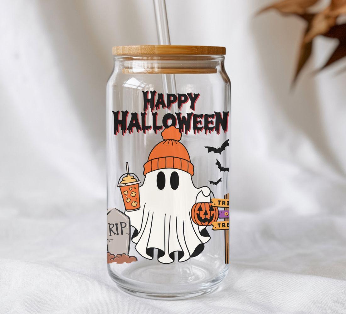Personalized Halloween Ghost Iced Coffee Glass Mug, Cute Ghost Gift For Halloween Coffee Lovers, Custom Gifts For Him and Her