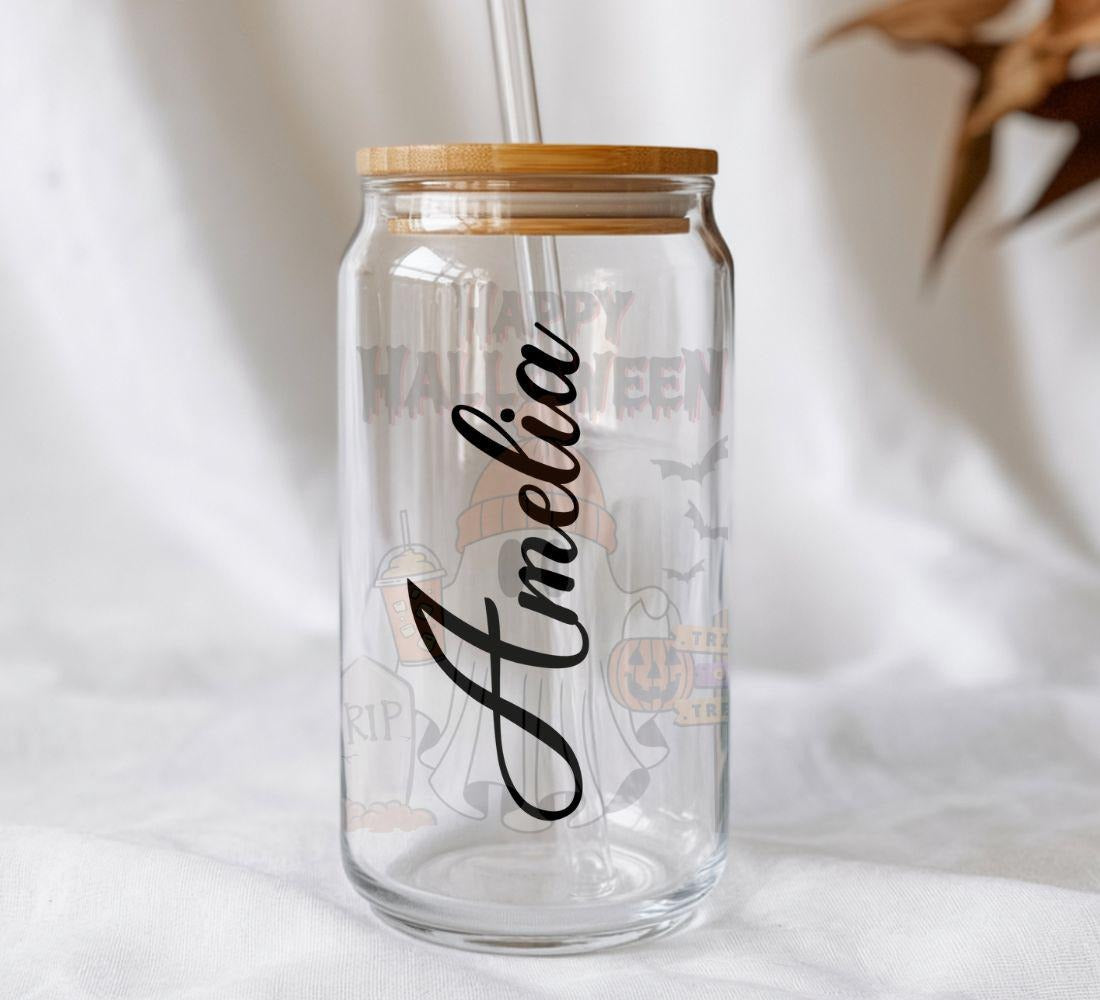 Personalized Halloween Ghost Iced Coffee Glass Mug, Cute Ghost Gift For Halloween Coffee Lovers, Custom Gifts For Him and Her