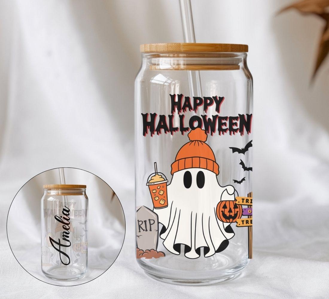 Personalized Halloween Ghost Iced Coffee Glass Mug, Cute Ghost Gift For Halloween Coffee Lovers, Custom Gifts For Him and Her