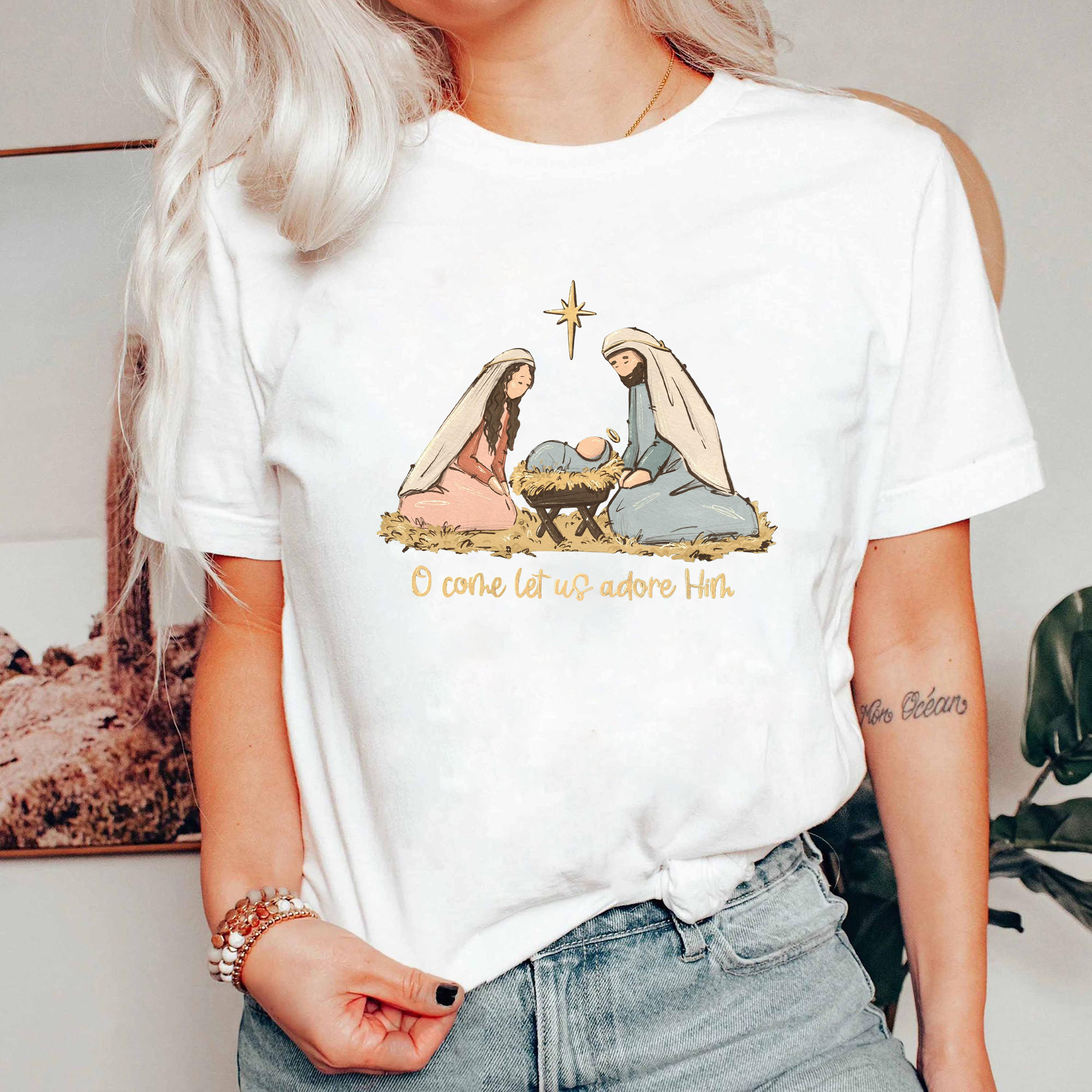 O Come Let Us Adore Him Shirt, Nativity Scene Christmas Tee, Christian Holiday Outfit, Religious Faith Shirt, Jesus Birth Gift Top