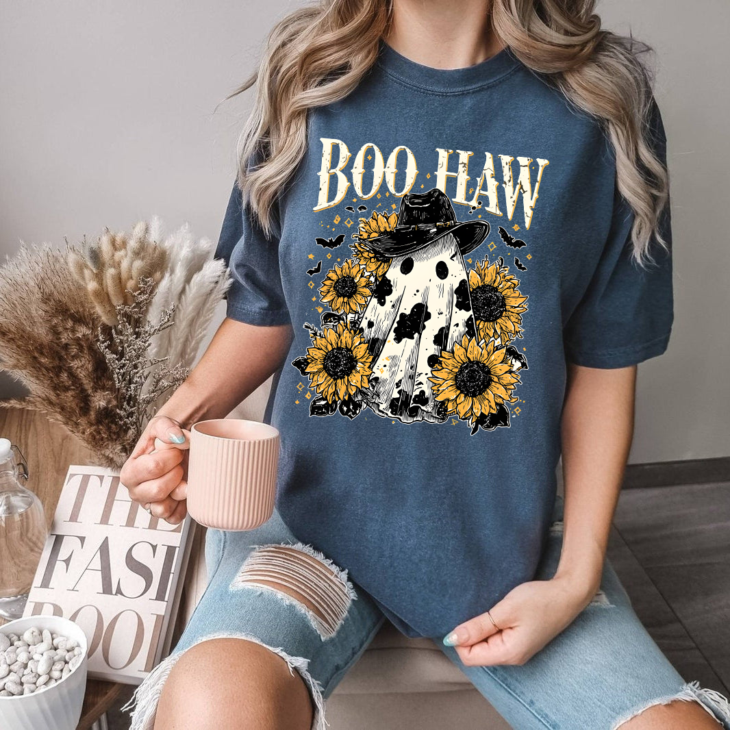 Boo Haw Shirt, Funny  T-Shirt, Halloween T-Shirt, Western Cowgirl Tee, Country Fall Shirt, Spooky Ghost Shirt, Retro Cow Print Shirt, Cute Country Halloween Tee