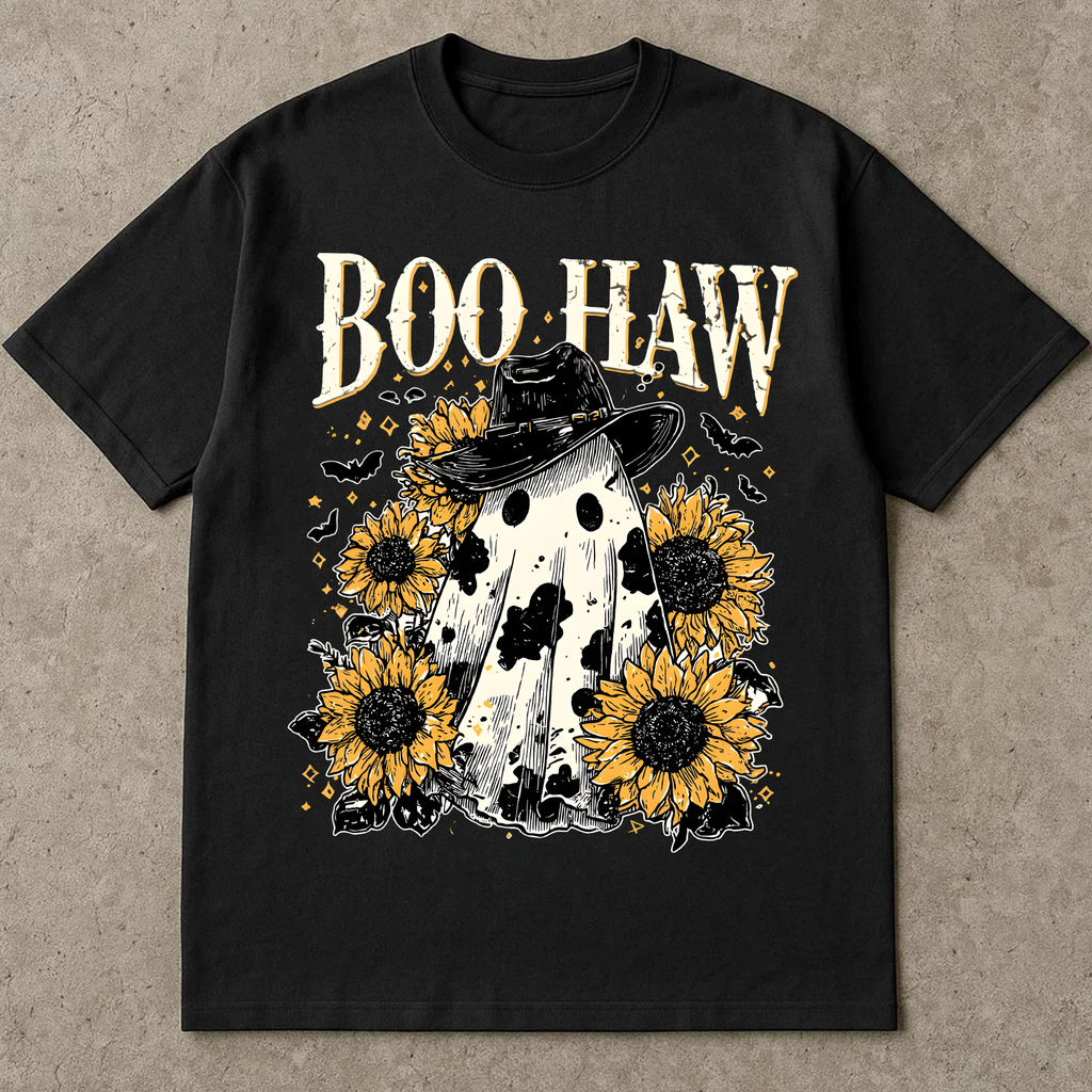 Boo Haw Shirt, Funny  T-Shirt, Halloween T-Shirt, Western Cowgirl Tee, Country Fall Shirt, Spooky Ghost Shirt, Retro Cow Print Shirt, Cute Country Halloween Tee