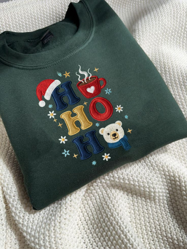 Ho Ho Ho Embroidered Sweatshirt, Cute Christmas Bear Sweater, Holiday Cocoa Shirt, Cozy Festive Crewneck, Xmas Gift EBAC86