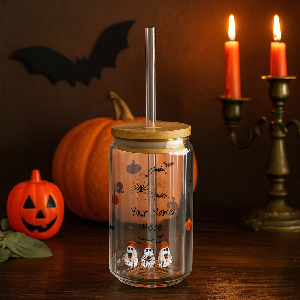 Personalized Halloween Sipper Glass, Customizable Spooky Drink Jar for Autumn Gatherings, Halloween Parties, Custom Gifts For Halloween