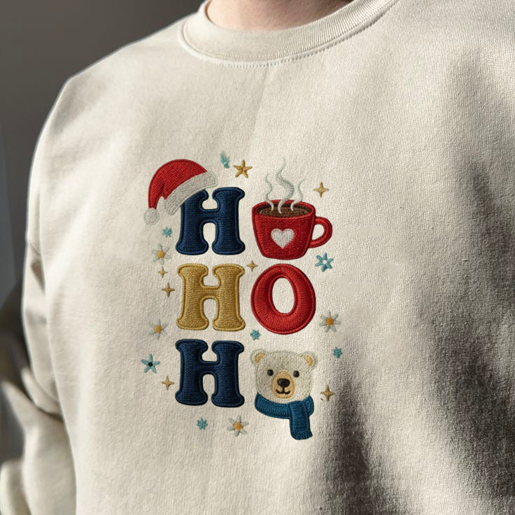 Ho Ho Ho Embroidered Sweatshirt, Cute Christmas Bear Sweater, Holiday Cocoa Shirt, Cozy Festive Crewneck, Xmas Gift EBAC86