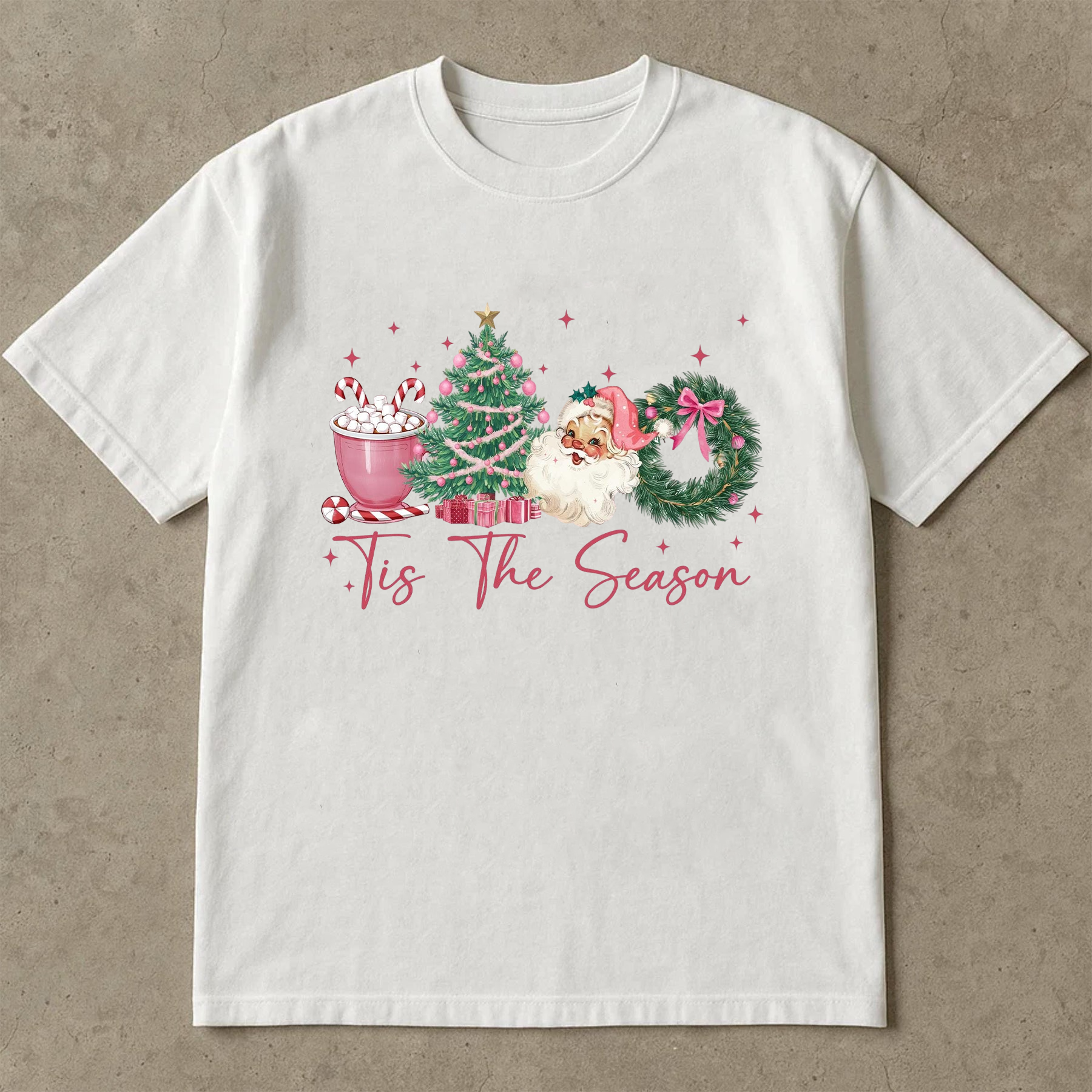Tis The Season Shirt, Retro Pink Christmas Tee, Santa Tree Wreath Top, Cute Holiday Outfit, Festive Party Gift, Vintage Xmas Style
