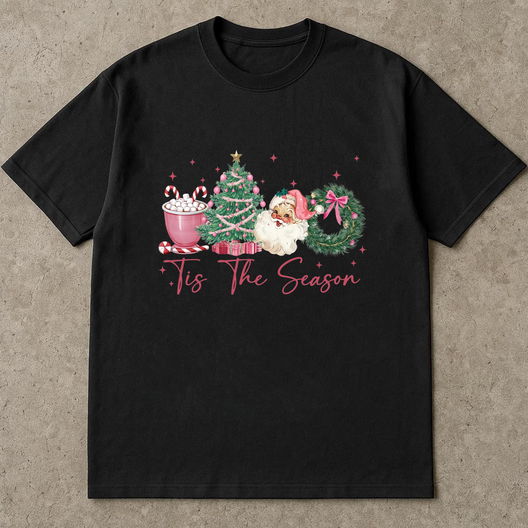 Tis The Season Shirt, Retro Pink Christmas Tee, Santa Tree Wreath Top, Cute Holiday Outfit, Festive Party Gift, Vintage Xmas Style
