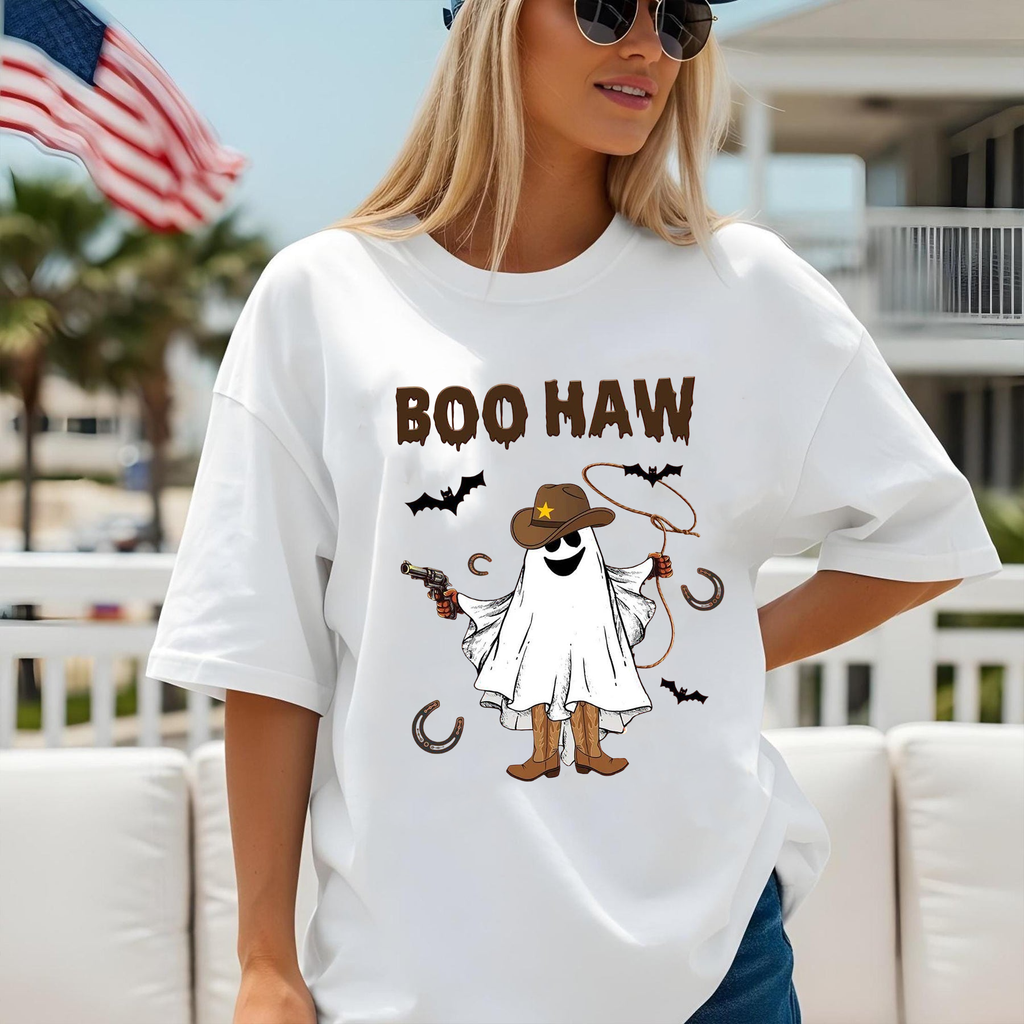 Funny Halloween Cowboy Ghost T-Shirt, Boo Haw Western Ghost Shirt, Cute Halloween Tee for Men and Women