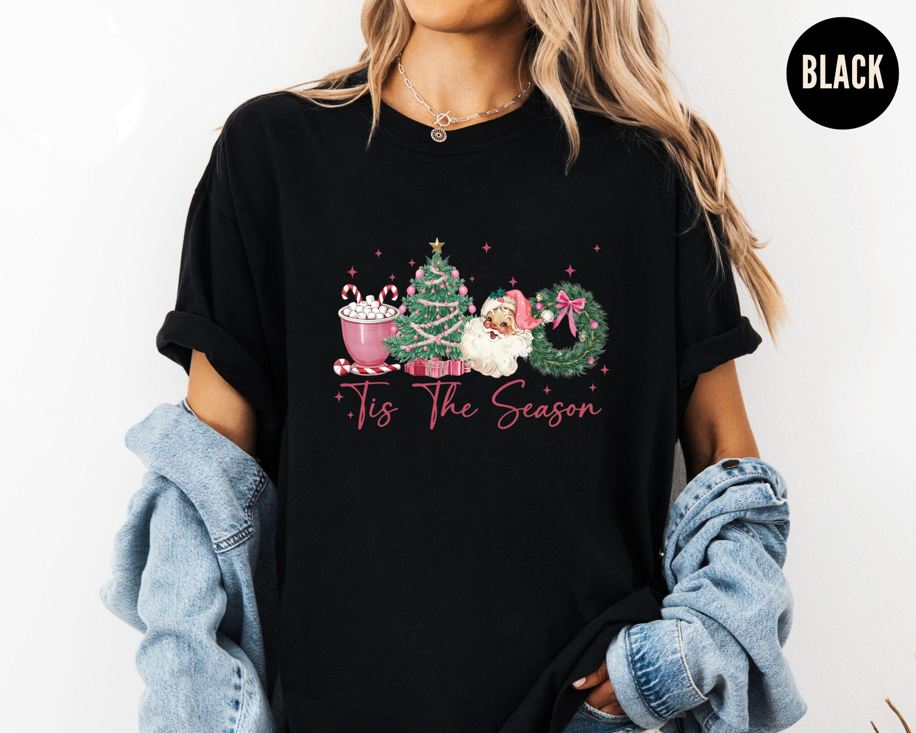 Tis The Season Shirt, Retro Pink Christmas Tee, Santa Tree Wreath Top, Cute Holiday Outfit, Festive Party Gift, Vintage Xmas Style