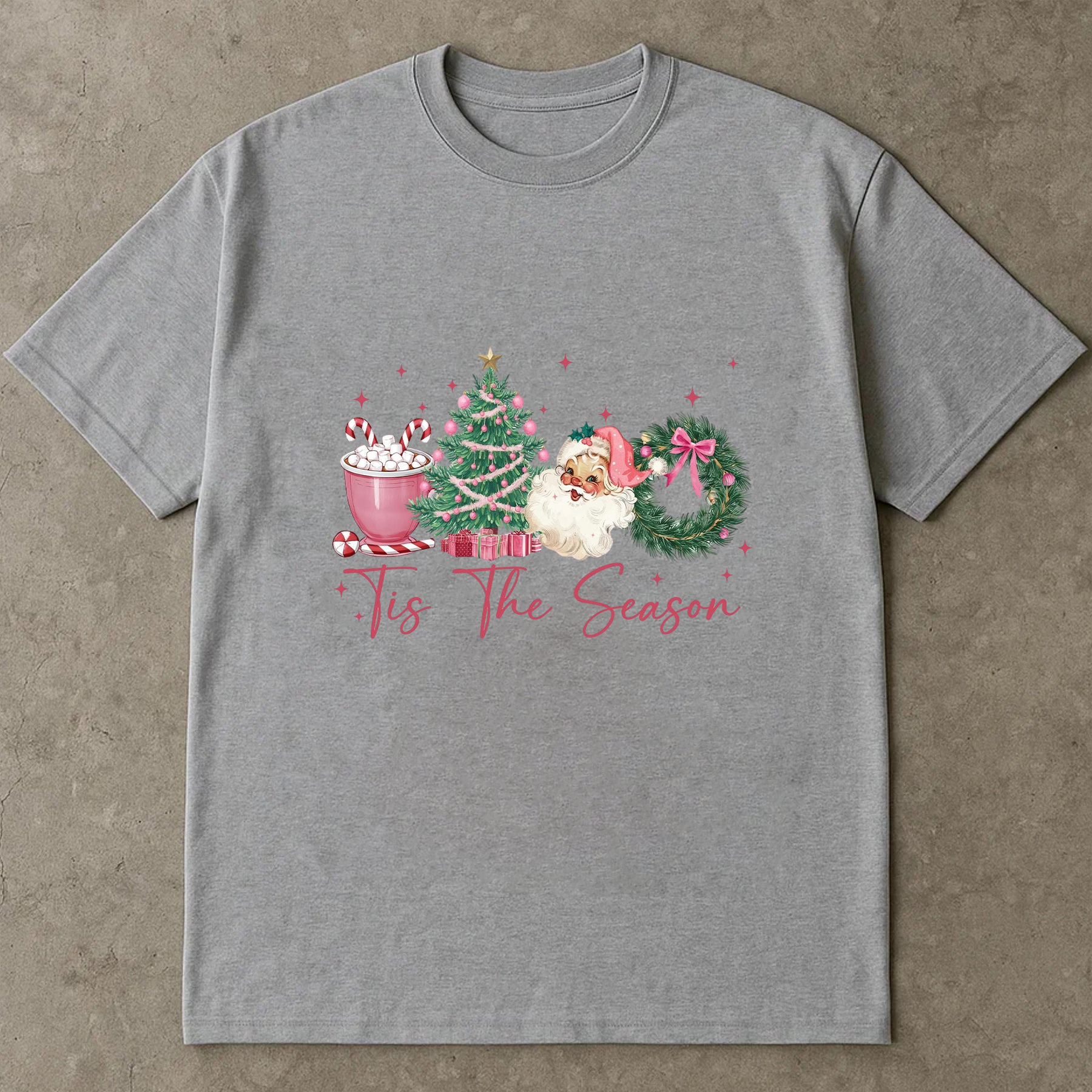 Tis The Season Shirt, Retro Pink Christmas Tee, Santa Tree Wreath Top, Cute Holiday Outfit, Festive Party Gift, Vintage Xmas Style