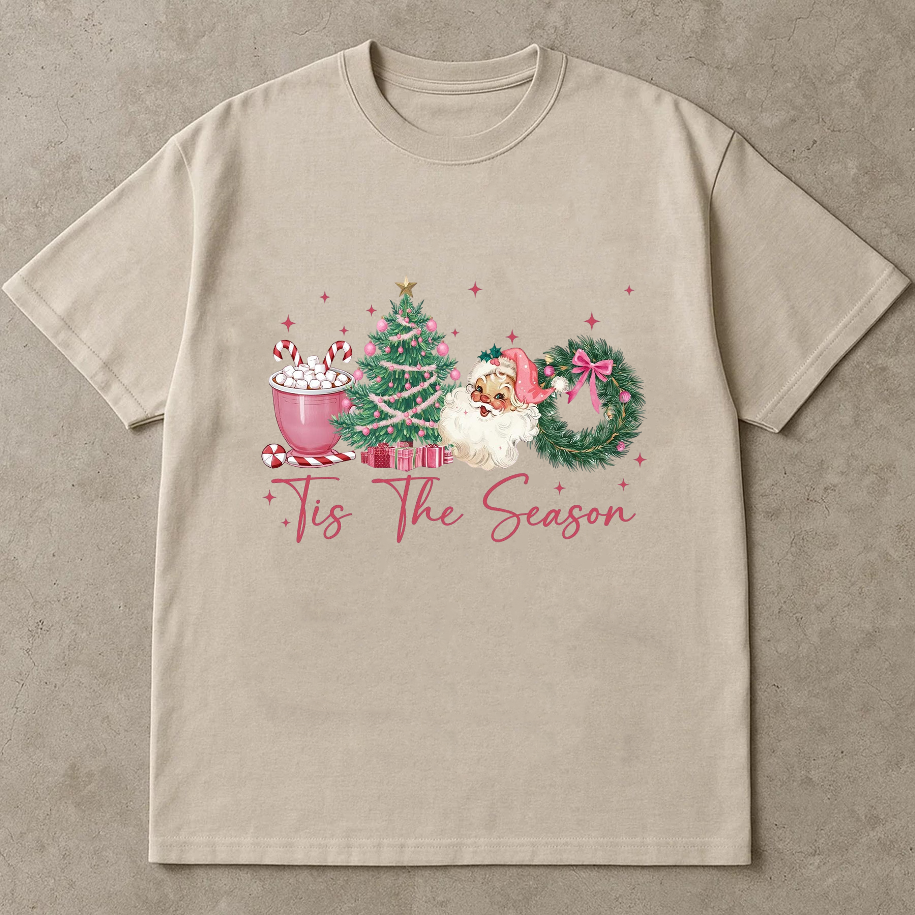 Tis The Season Shirt, Retro Pink Christmas Tee, Santa Tree Wreath Top, Cute Holiday Outfit, Festive Party Gift, Vintage Xmas Style