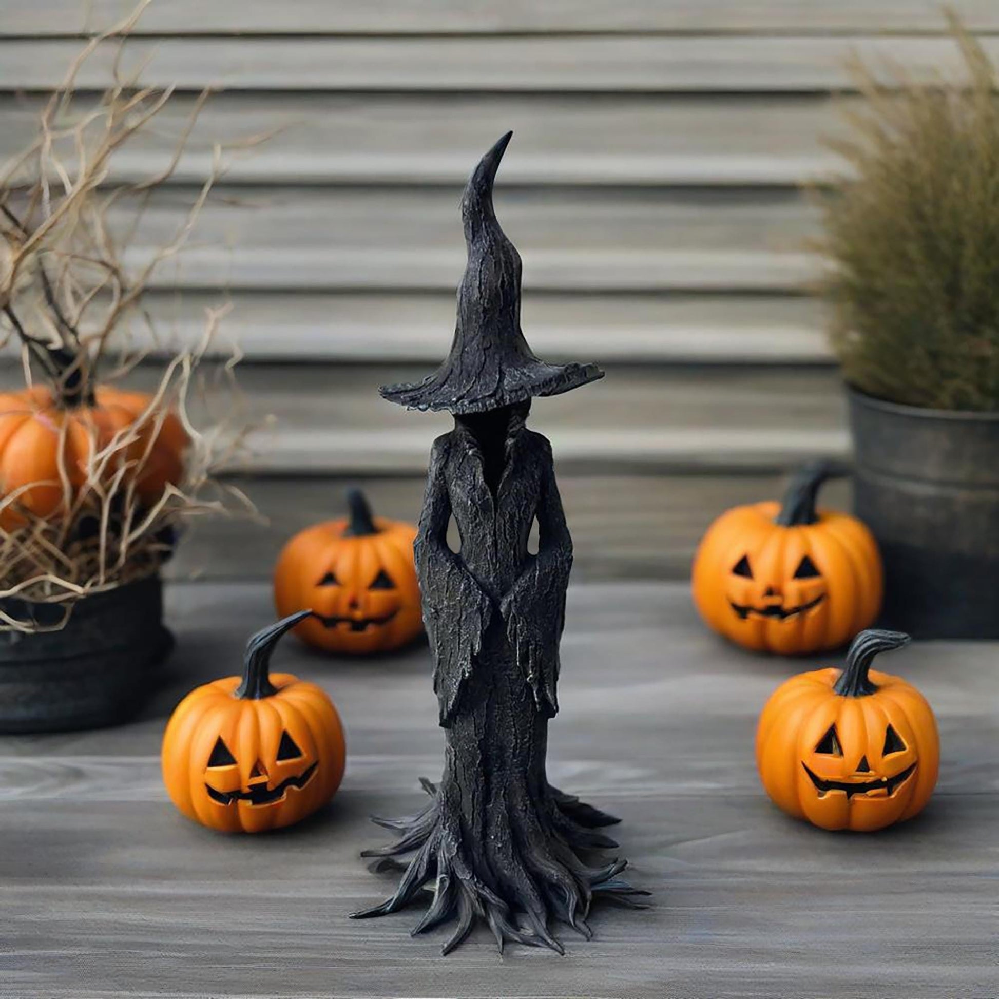 Halloween Tree Root Witch Statue, Spooky Black Witch Figurine, Resin Halloween Decoration, Creepy Witch Ornament for Home Office or Party Decor