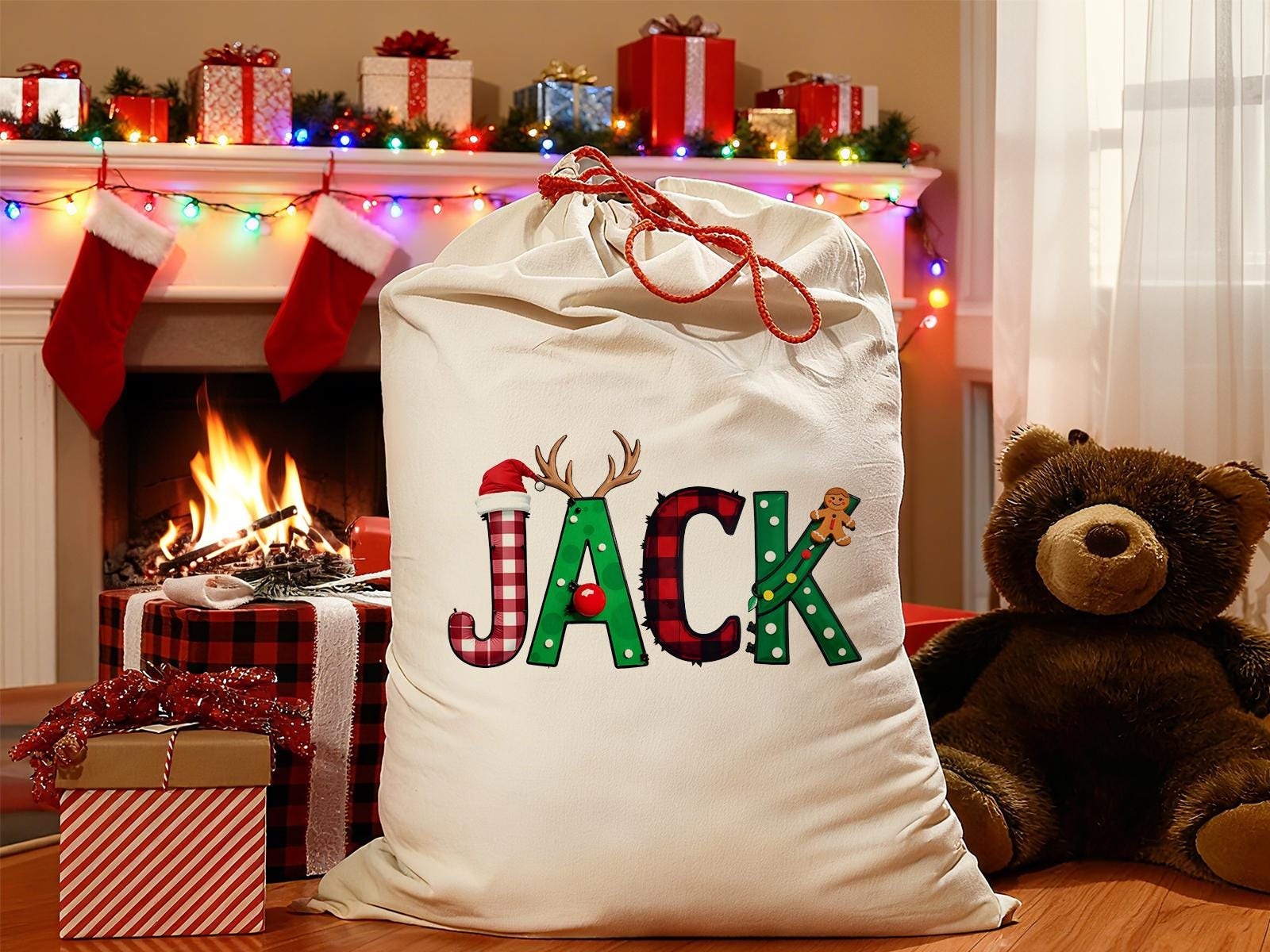Custom Santa Sack With Name, Personalized Family Christmas Gift Bag, Monogram Christmas Present Bag, Kids Christmas Gift Bag, Xmas Stocking