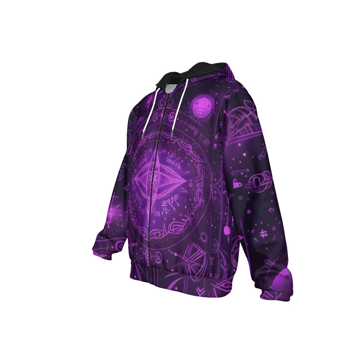 Mystical Fantasy Zip Hoodie, Arcane Magic Symbol Zip Hoodie, Witchcore Celestial Light Zip Hoodie, Vibrant Occult Energy Zip Hoodie, Esoteric Purple Spell Zip Hoodie