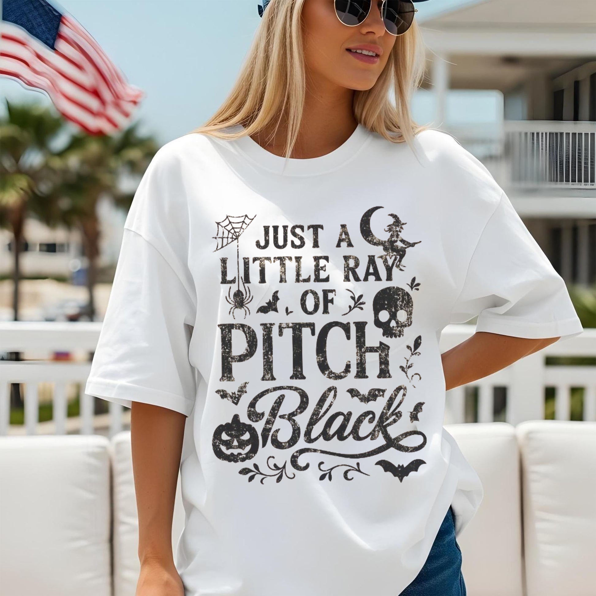 Just A Little Ray of Pitch Black Halloween Tee Shirts, Funny Spooky Graphic T Shirts, Vintage Witch Skull Bat Pumpkin T-Shirt, Halloween Costume Ideas, Halloween T Shirts For Adults