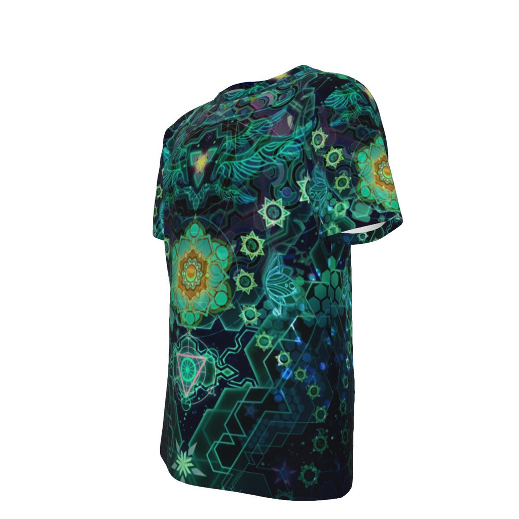 Yantric Geometry T-Shirt, Sacred Mandala Energy Coats, Mystic Geometric Light T-Shirt, Vibrant Spiritual Pattern T-Shirt, Celestial Yantra T-Shirt