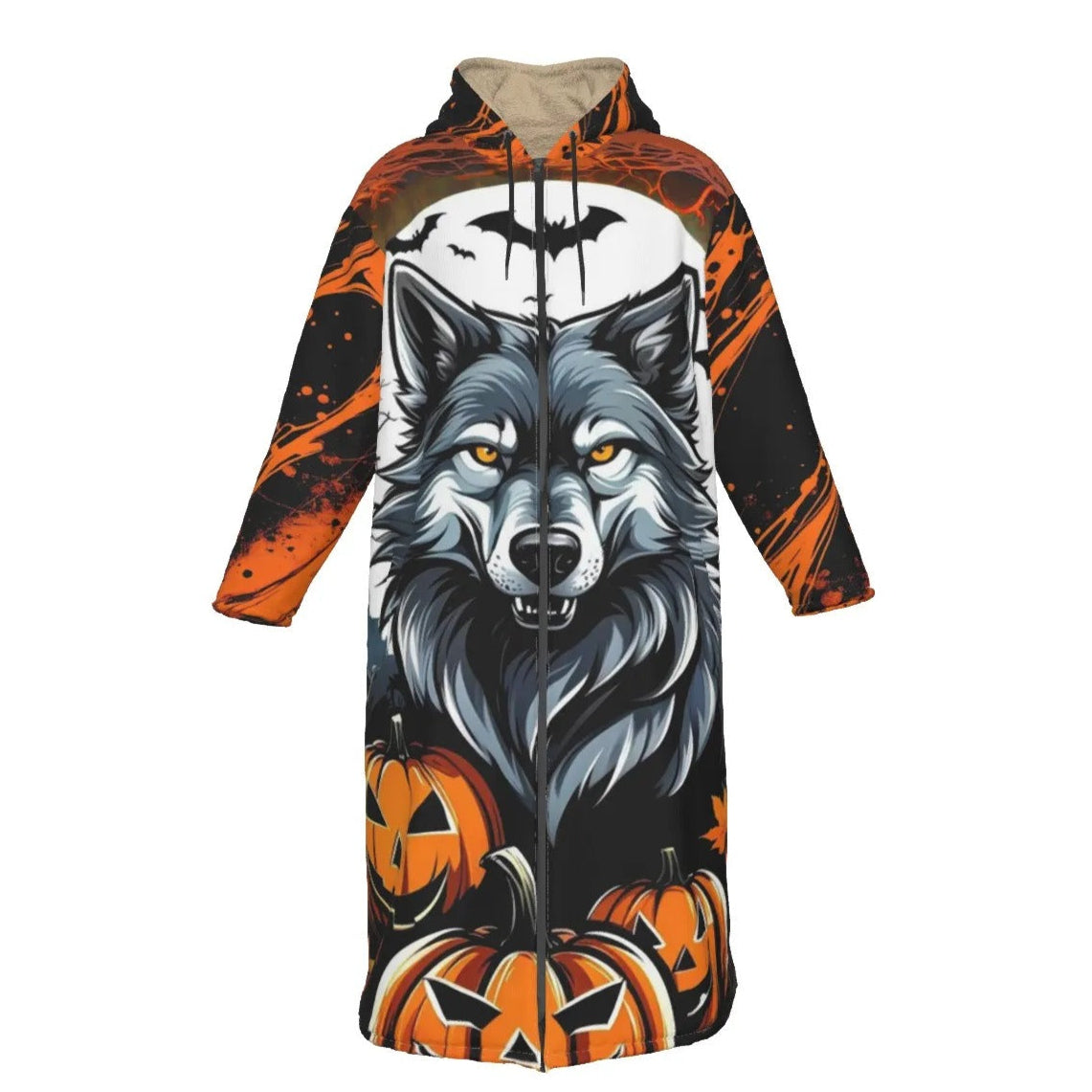 Howling Halloween Costumes Night Wolf Zip-Up Cloak, Spooky Pumpkin Bat Trench Coat, Gothic Halloween Fashion, Autumn Wolf Outerwear