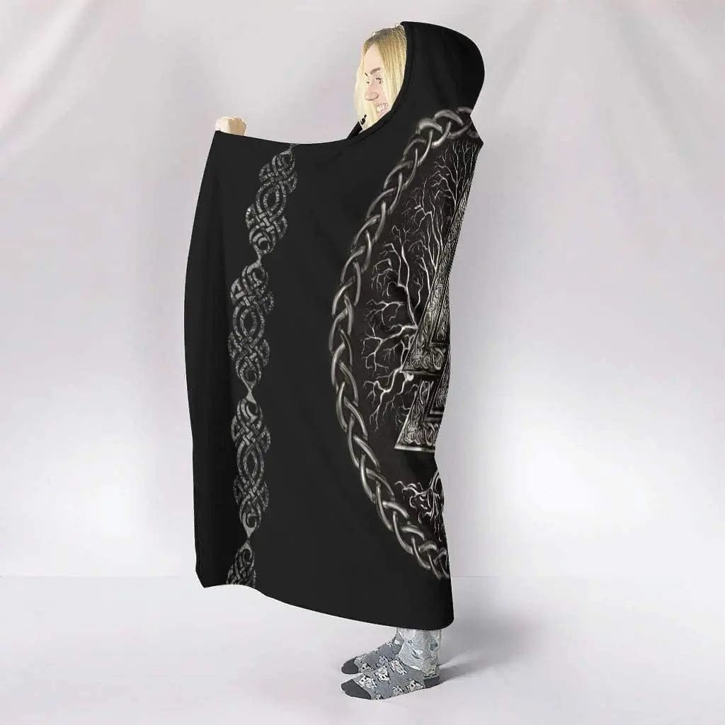 VILKING Hooded Blanket with Viking Tree of Life Design, Soft Warm Fleece, Cozy Wearable Throw, Perfect for Winter, Outdoor, Home Comfort, Unique Gift. BLK33