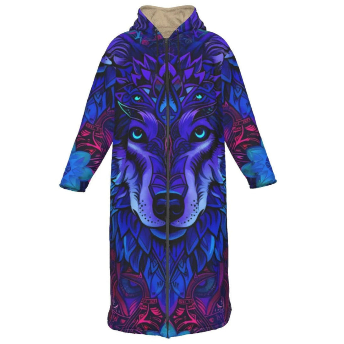 Tribal Wolf Mandala Zip up Cloaks, Long Hooded Coat for Men & Women, Psychedelic Spirit Animal Festival Robe