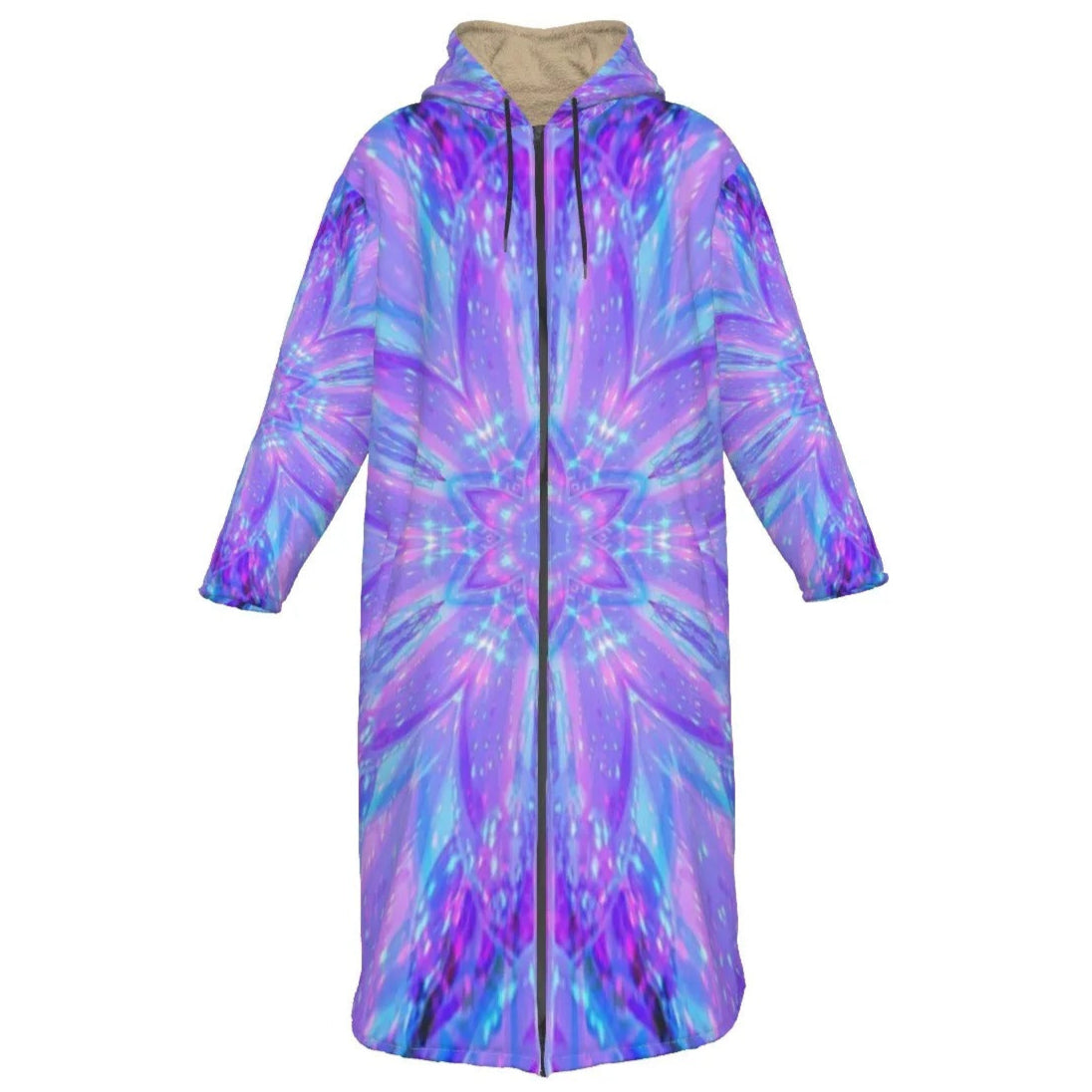 Kaleio Galaxy Zip-Up Cloak, Trippy Psychedelic Hooded Cape, Holographic Mandala Space Jacket, Cosmic Festival Rave Outerwear