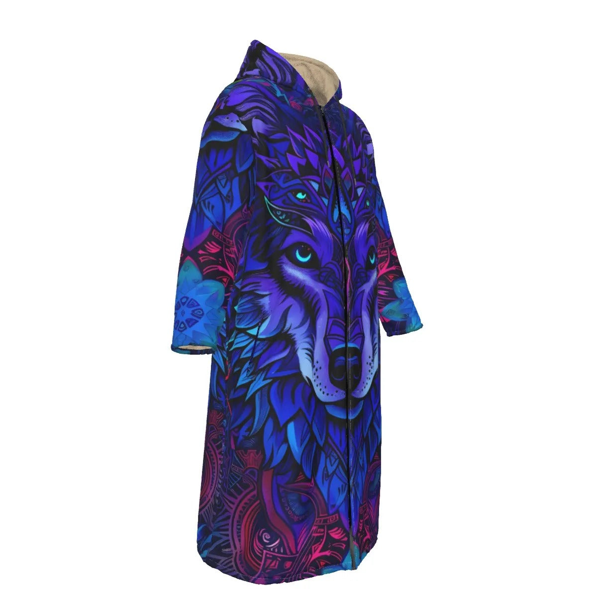 Tribal Wolf Mandala Zip up Cloaks, Long Hooded Coat for Men & Women, Psychedelic Spirit Animal Festival Robe