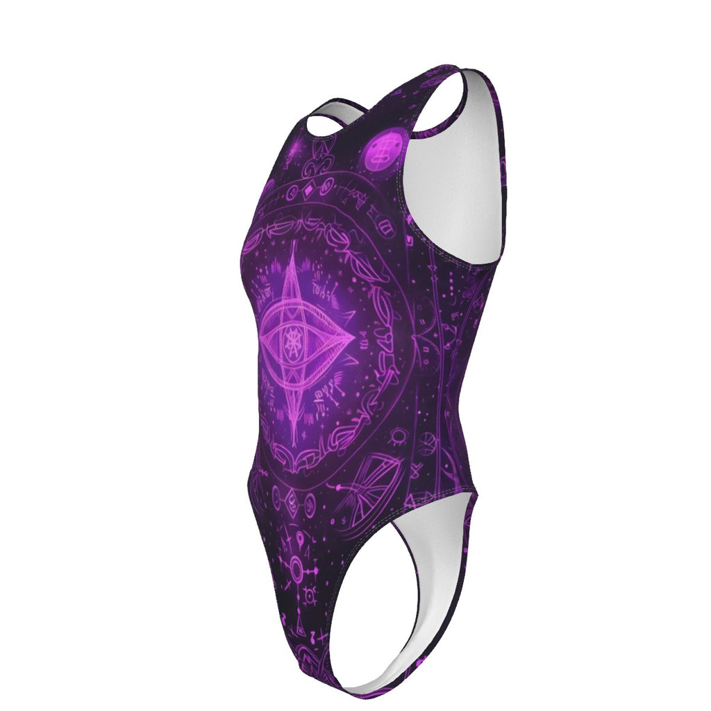 Mystical Fantasy Tank Bodysuit, Arcane Magic Symbol Bodysuit, Witchcore Celestial Light Bodysuit, Vibrant Occult Energy Bodysuit, Esoteric Purple Spell Bodysuit