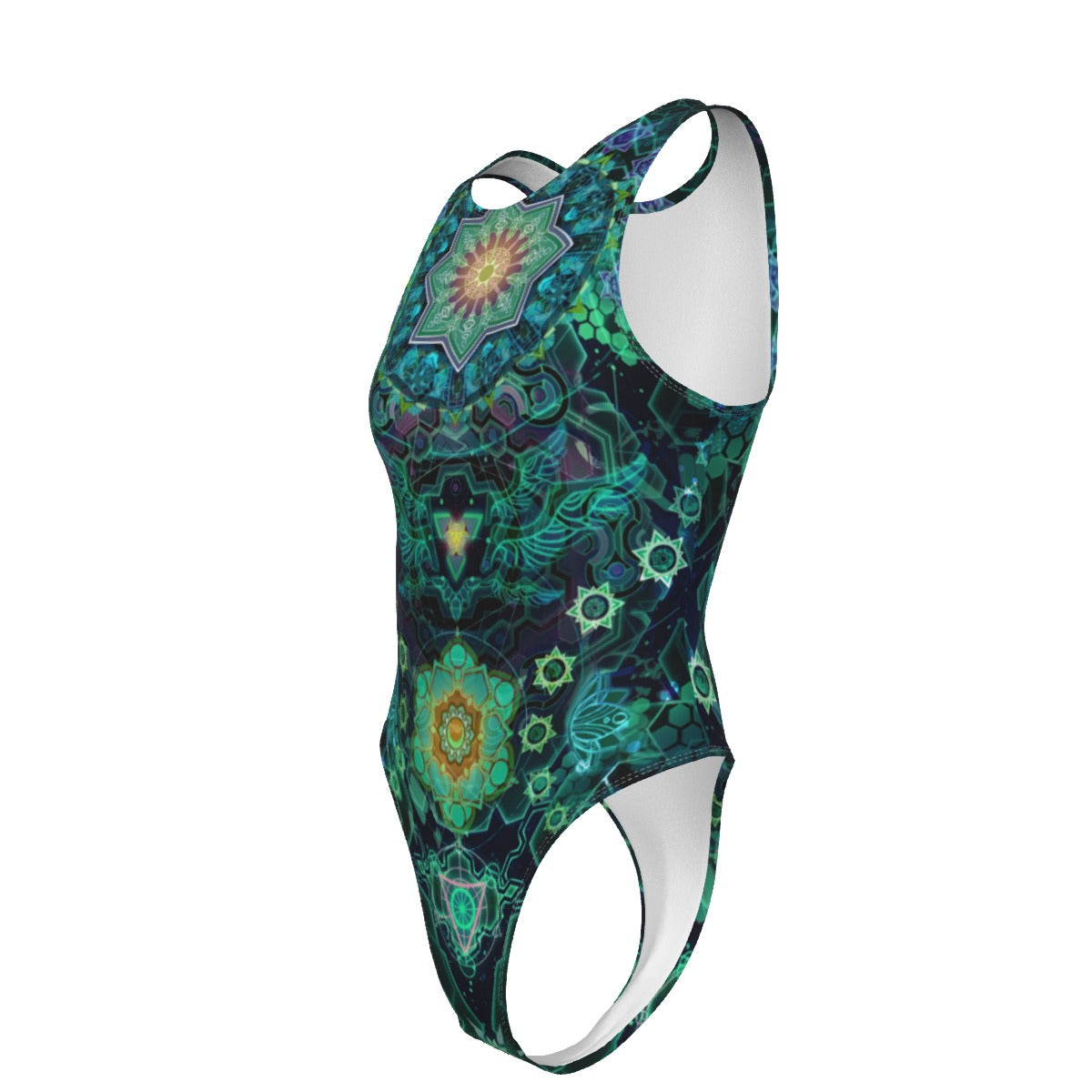 Yantric Geometry Tank Bodysuit, Sacred Mandala Energy Bodysuit, Mystic Geometric Light Bodysuit, Vibrant Spiritual Pattern Bodysuit, Celestial Yantra Bodysuit