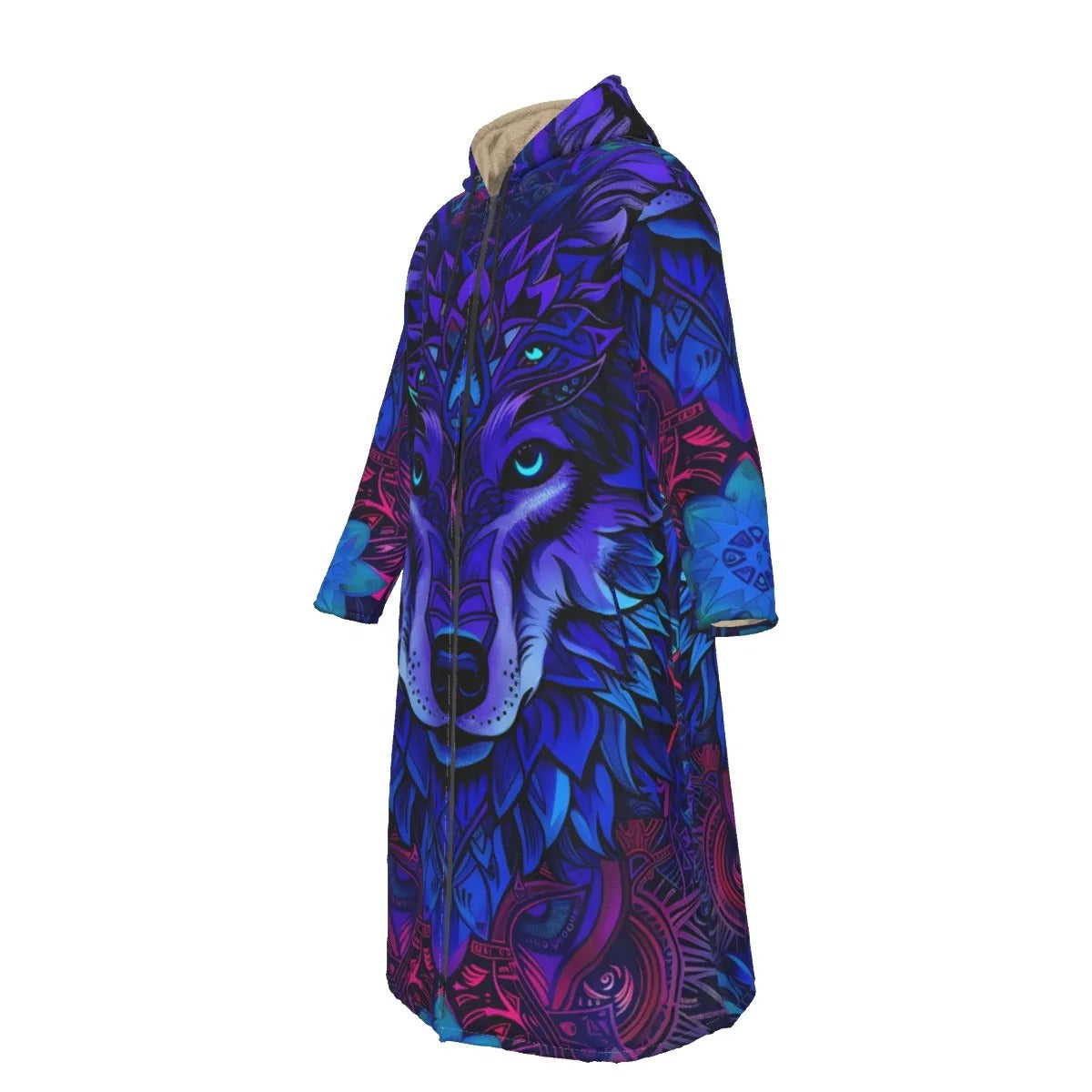 Tribal Wolf Mandala Zip up Cloaks, Long Hooded Coat for Men & Women, Psychedelic Spirit Animal Festival Robe