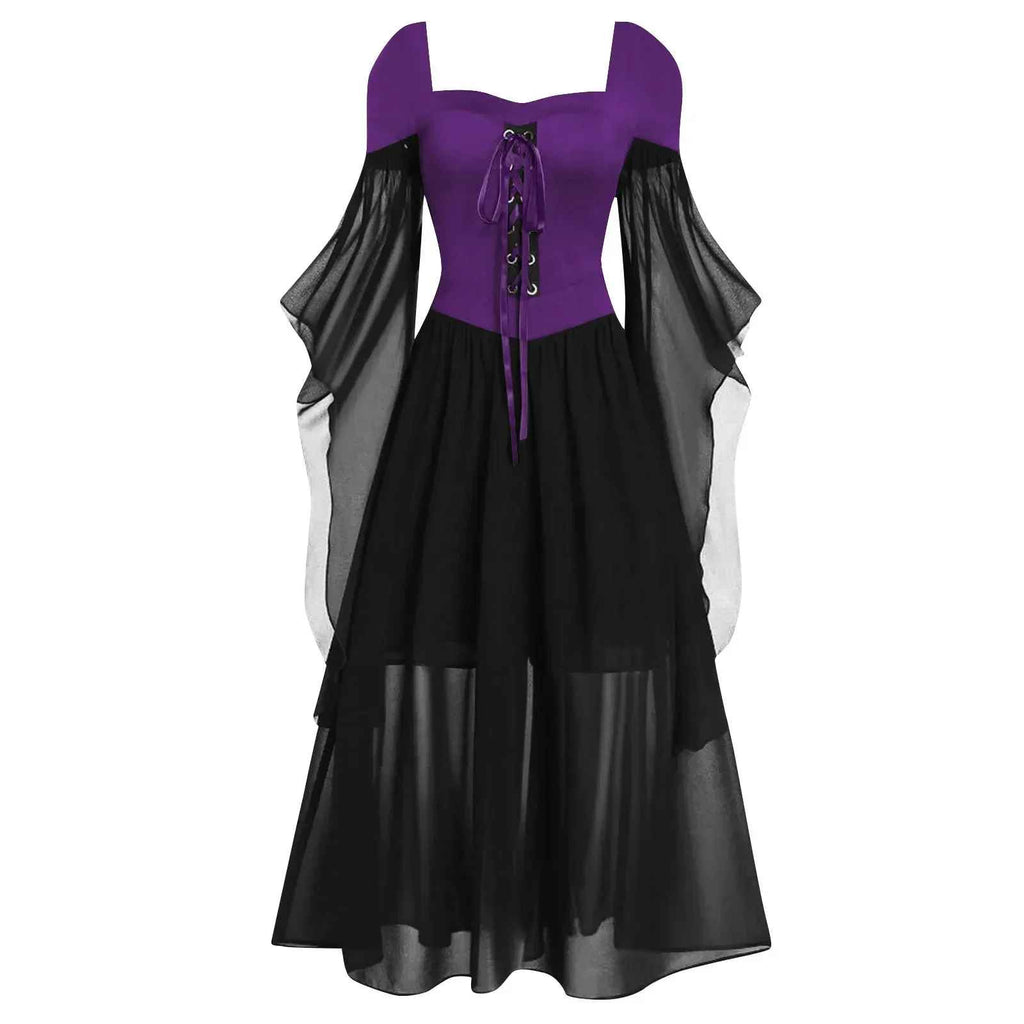 Halloween Costumes, Plus Size Gothic Witch Halloween Costume for Women, Vintage Medieval Cold Shoulder Dress, Butterfly Sleeve Carnival Party Outfit