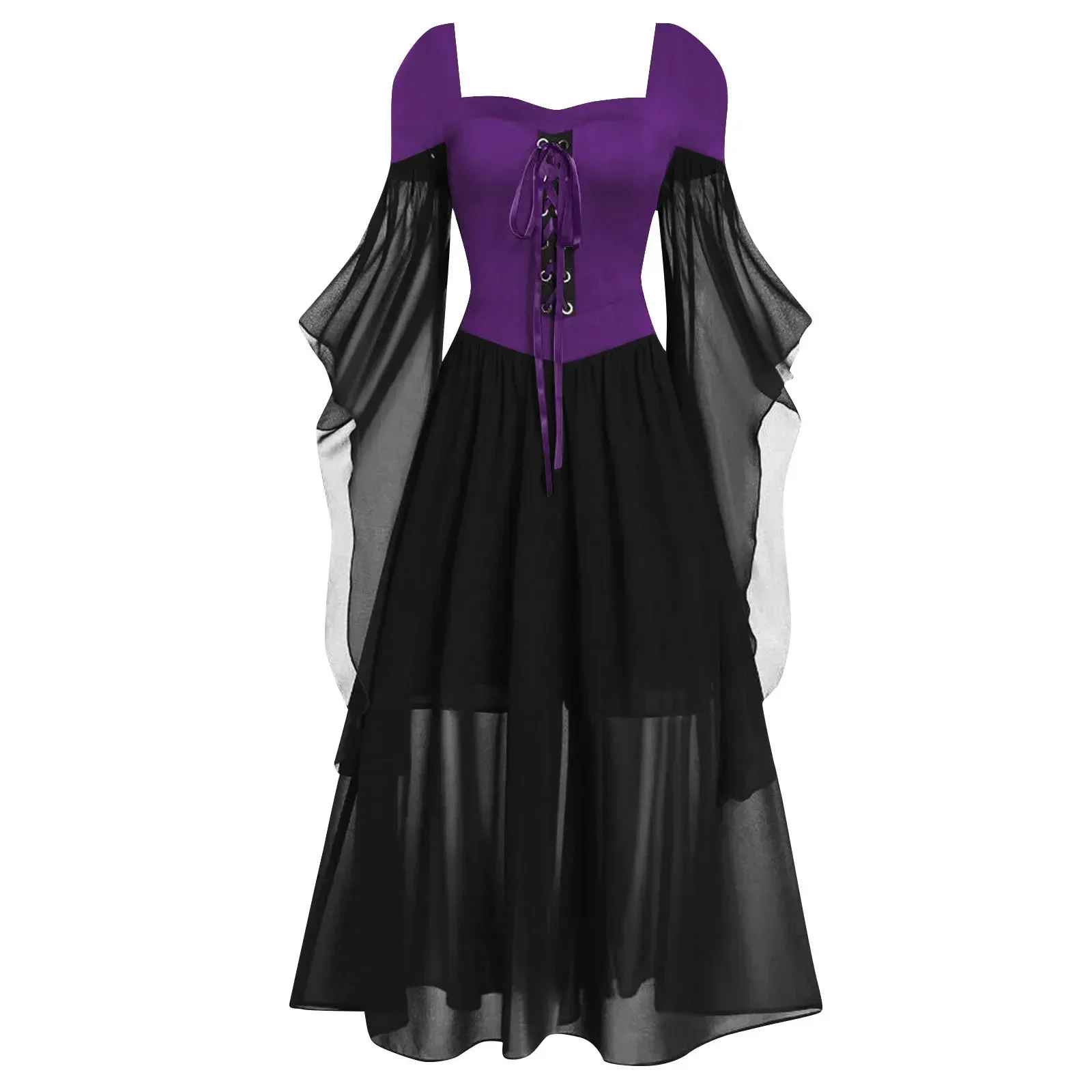 Halloween Costumes, Plus Size Gothic Witch Halloween Costume for Women, Vintage Medieval Cold Shoulder Dress, Butterfly Sleeve Carnival Party Outfit