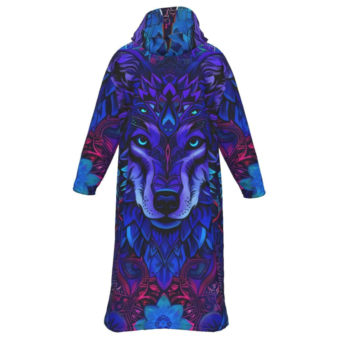 Tribal Wolf Mandala Zip up Cloaks, Long Hooded Coat for Men & Women, Psychedelic Spirit Animal Festival Robe